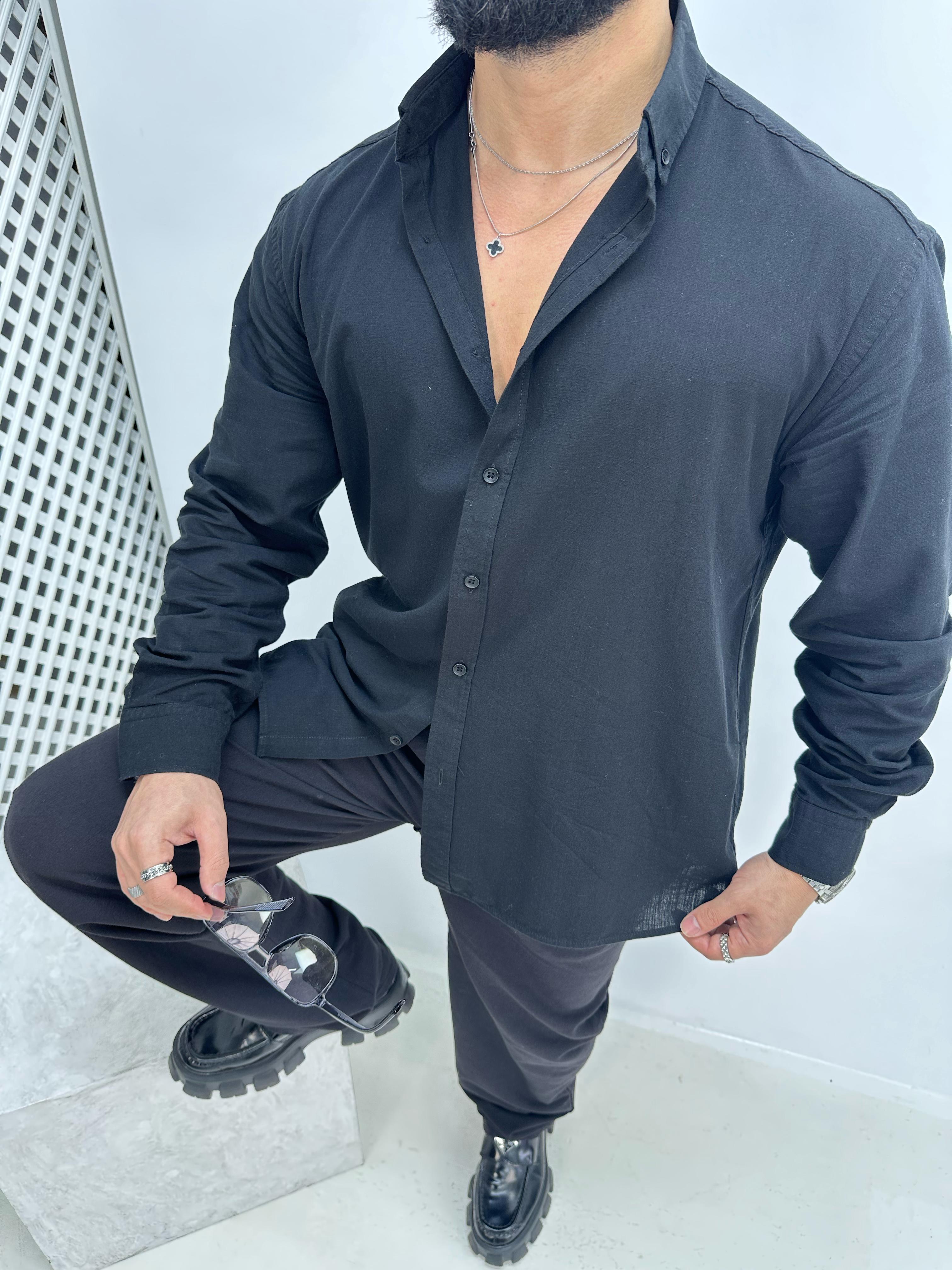 Oversize Fresh Keten Gömlek Siyah