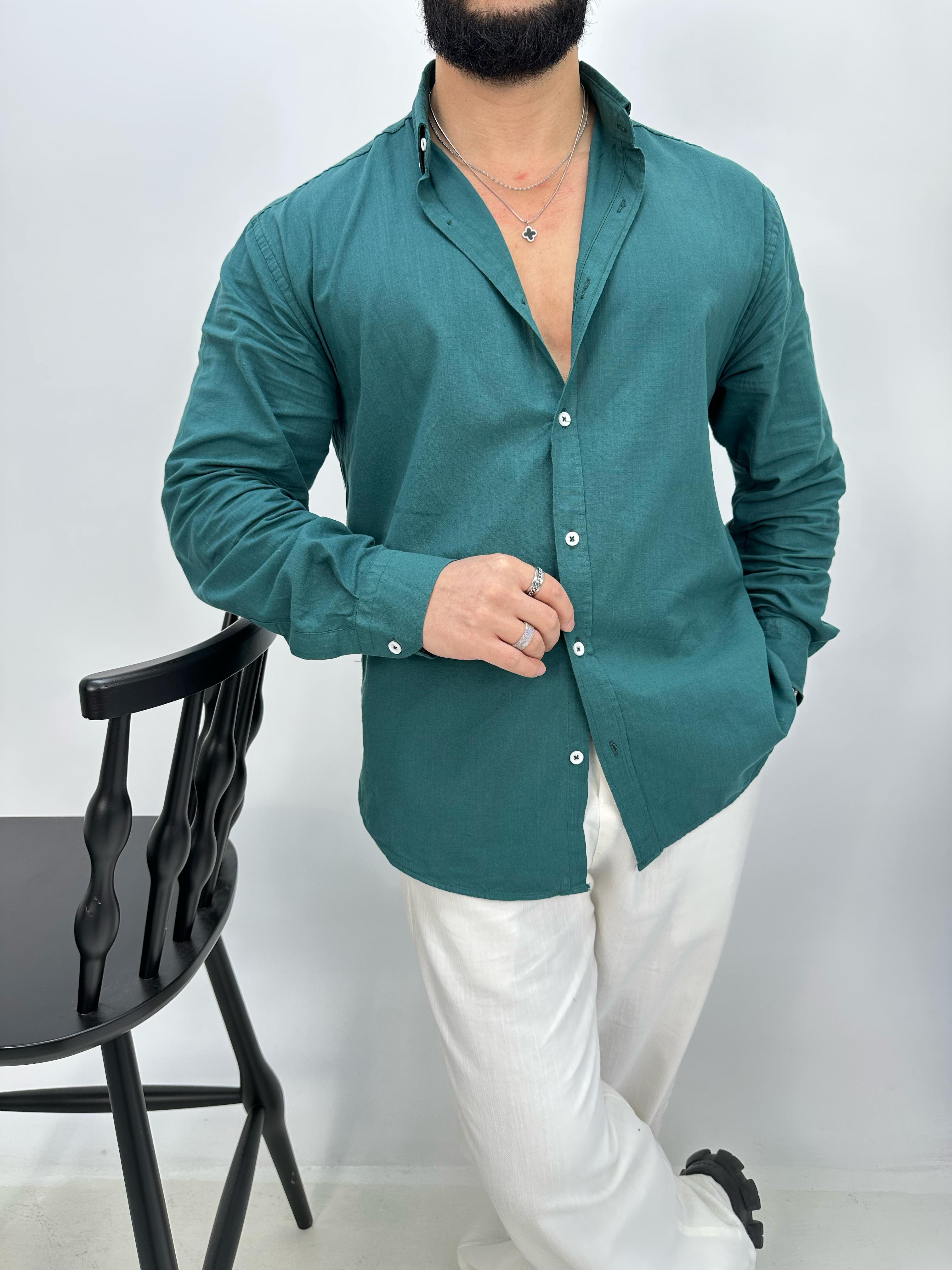 Oversize Fresh Keten Gömlek Zümrüt Yeşili