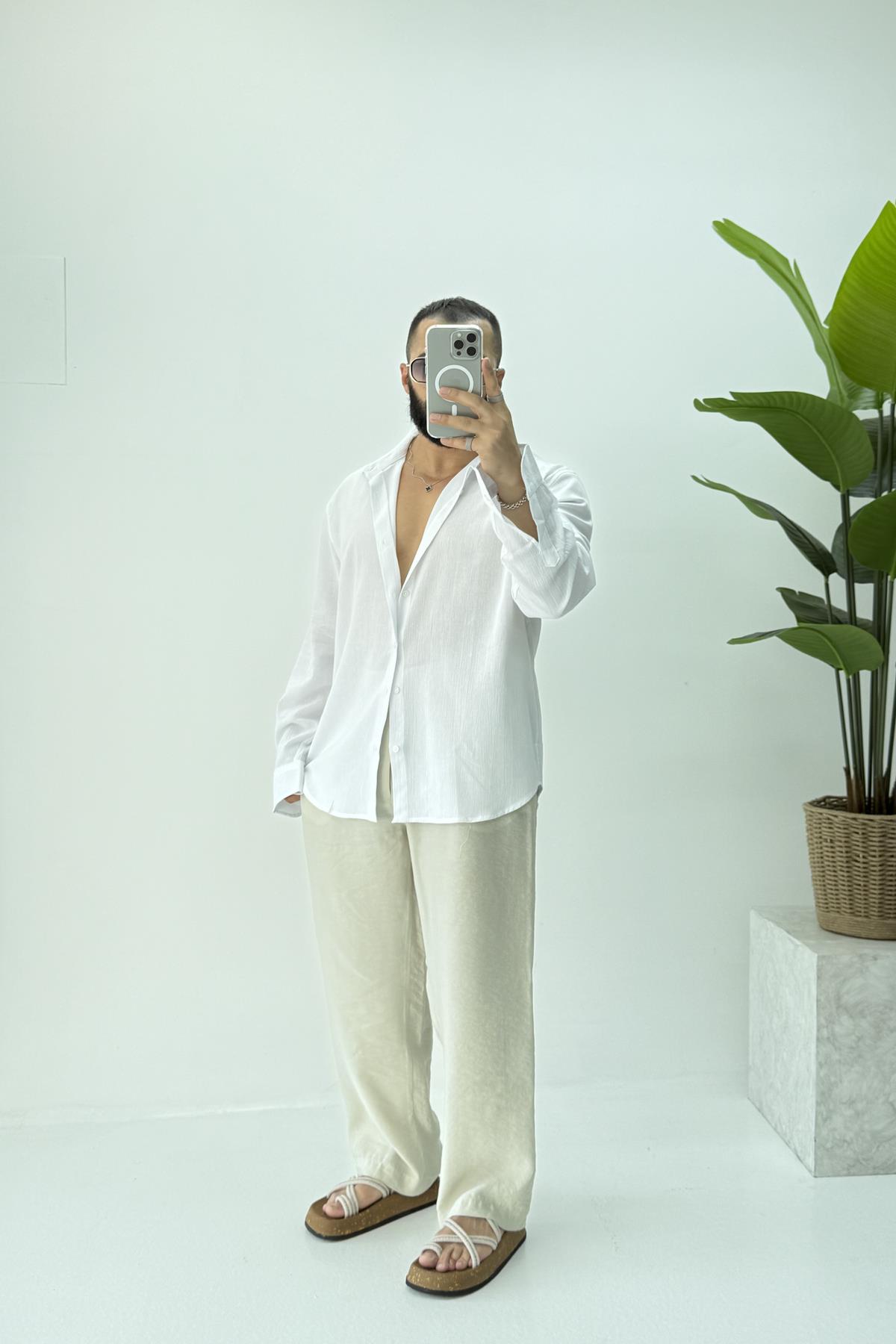 OVERSİZE KETEN GÖMLEK BEYAZ