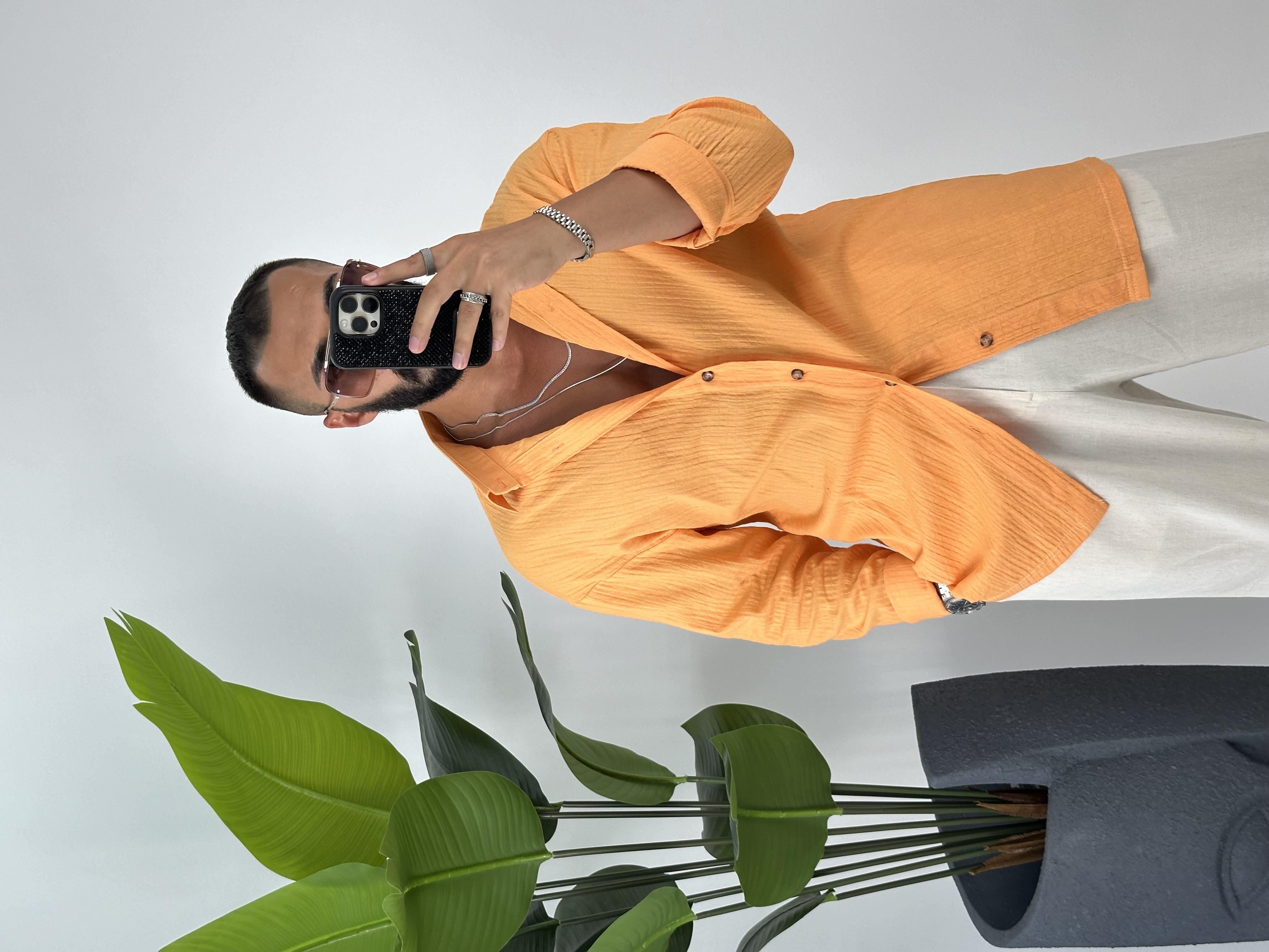 oversize keten gömlek haki turuncu