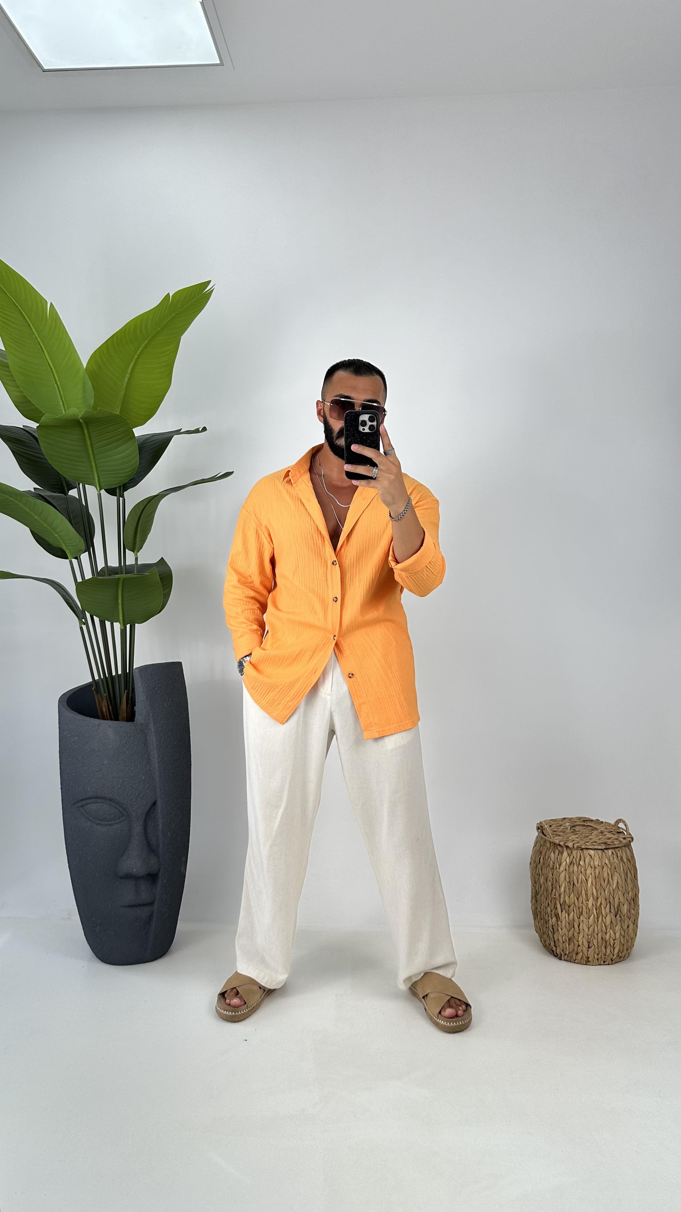 oversize keten gömlek haki turuncu