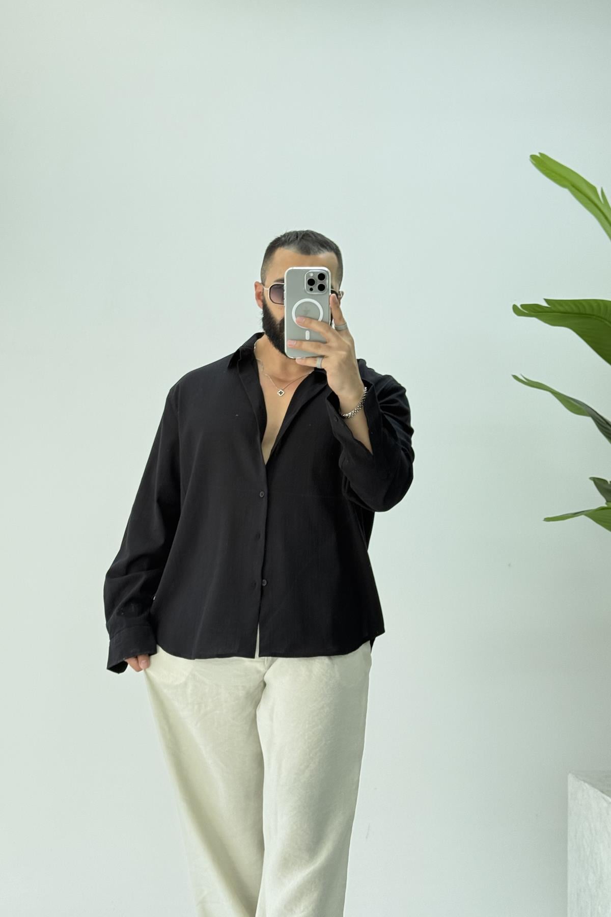 OVERSİZE KETEN GÖMLEK SİYAH