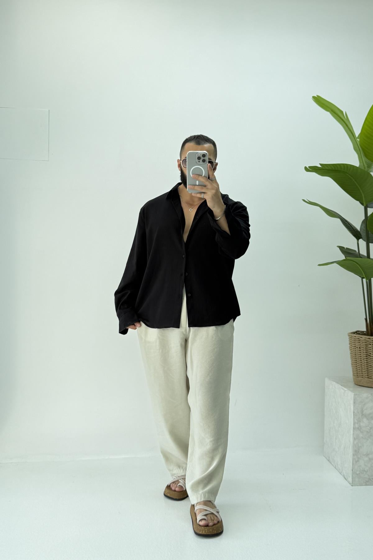 OVERSİZE KETEN GÖMLEK SİYAH