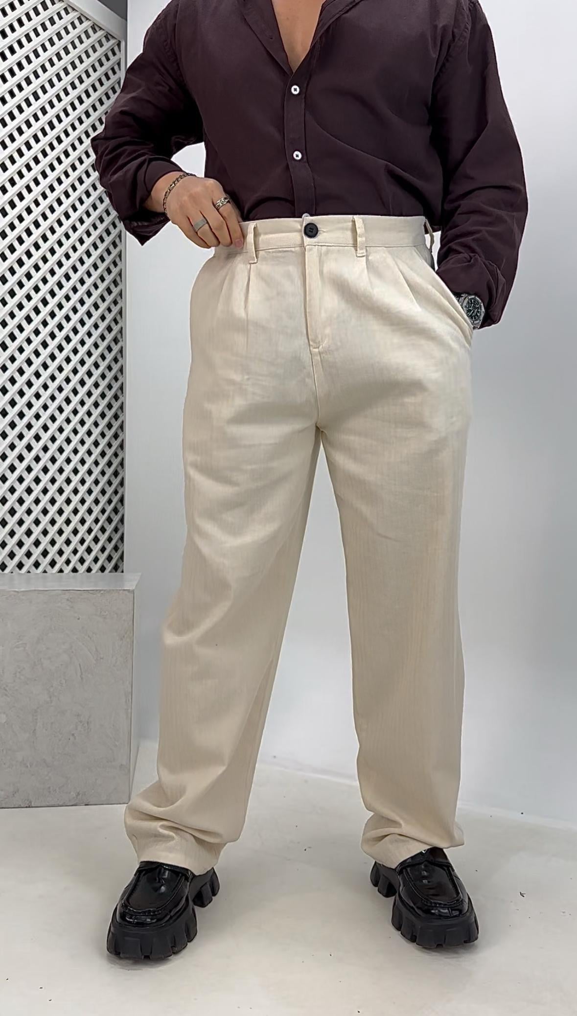 Pileli Keten Baggy Pantolon Krem