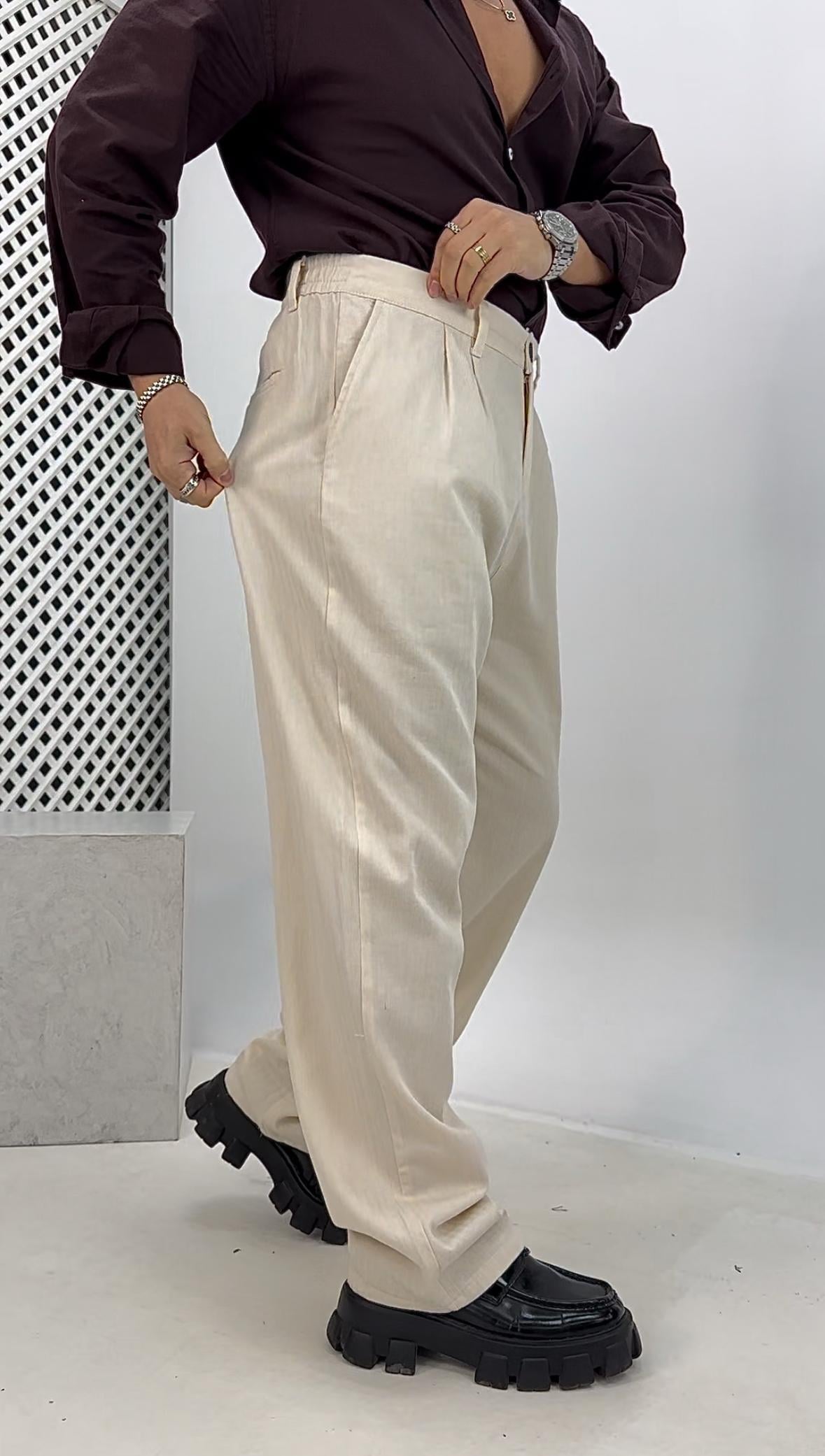 Pileli Keten Baggy Pantolon Krem