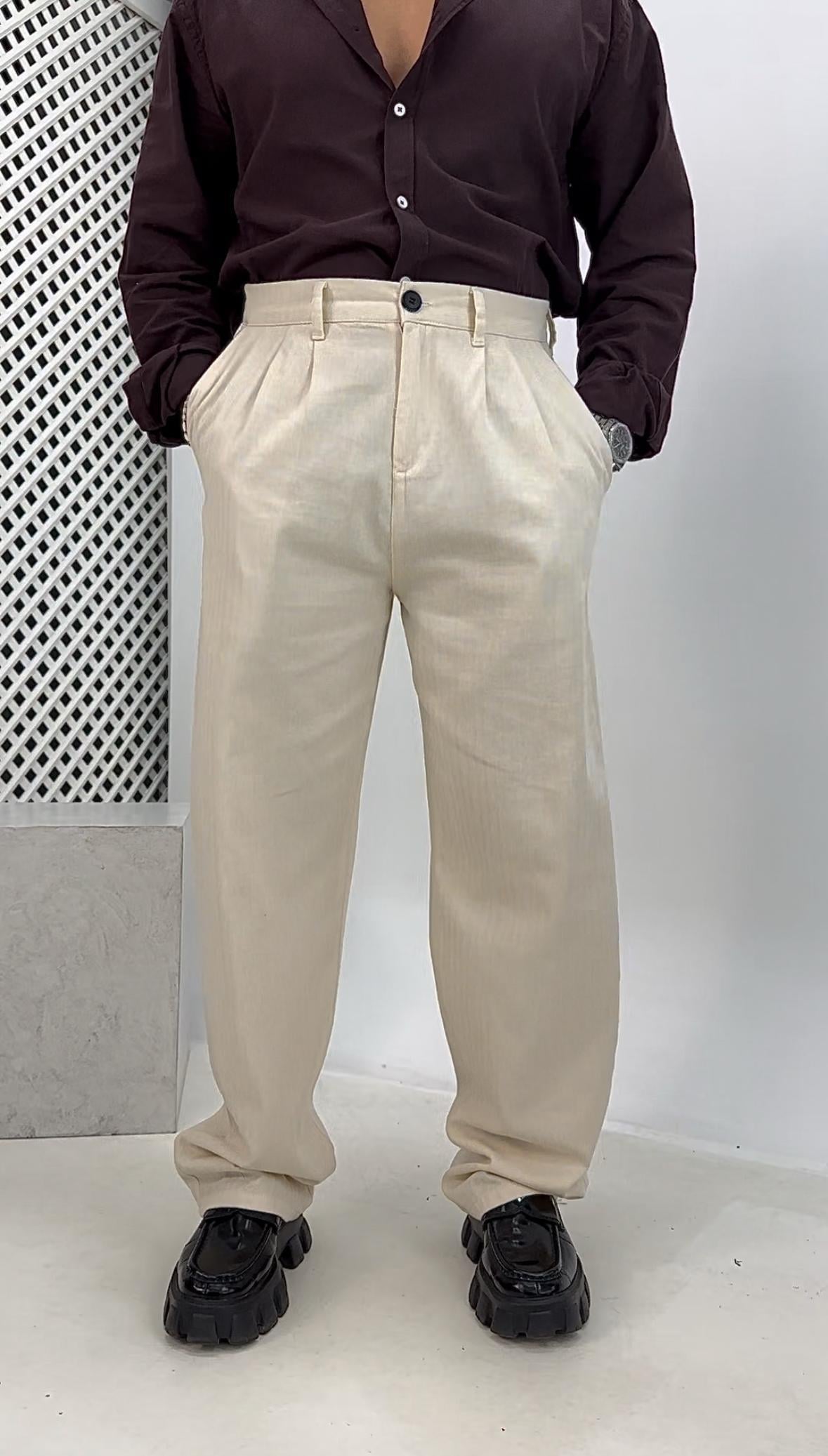 Pileli Keten Baggy Pantolon Krem