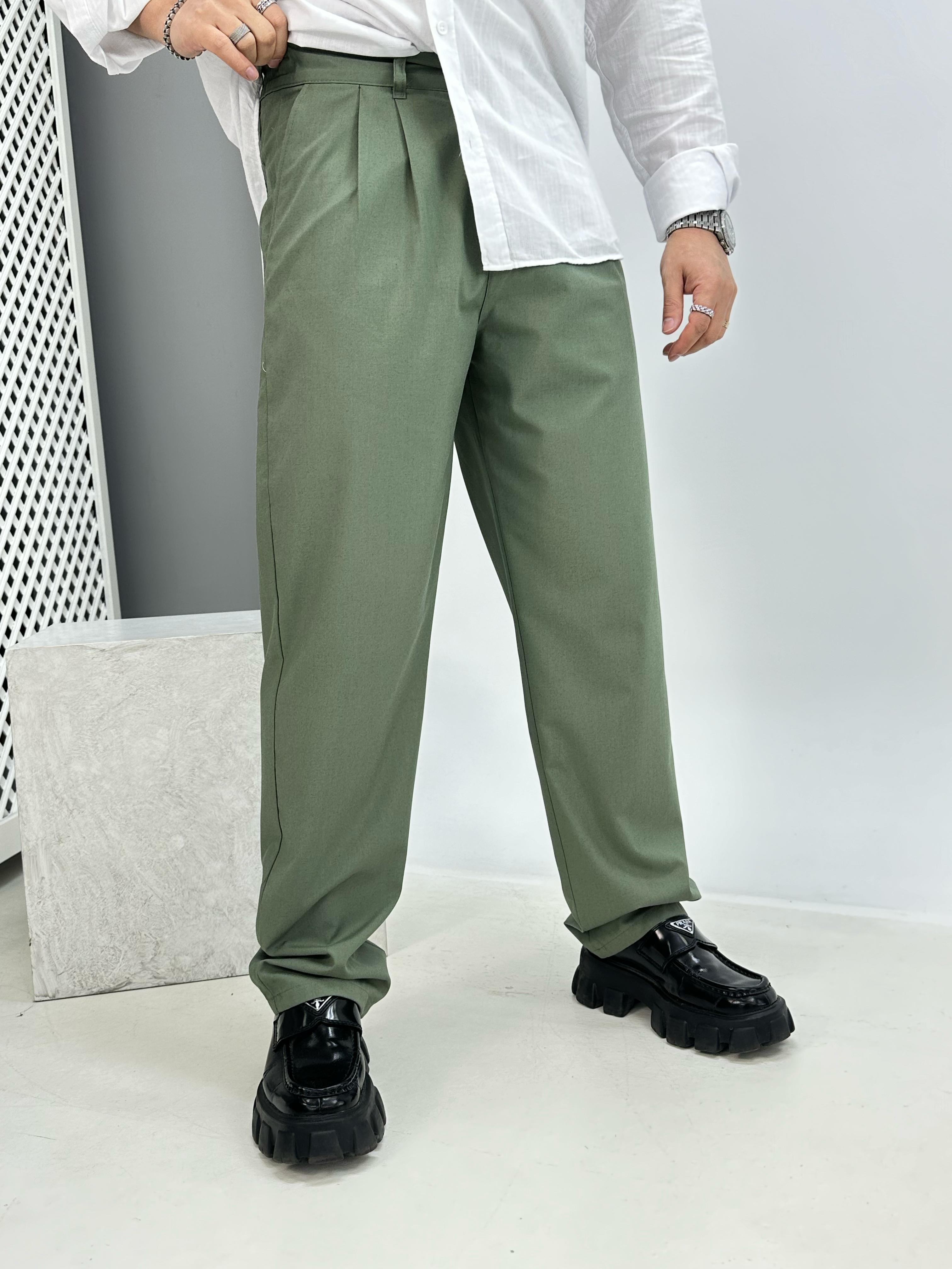 Pileli Keten Baggy Pantolon Yeşil