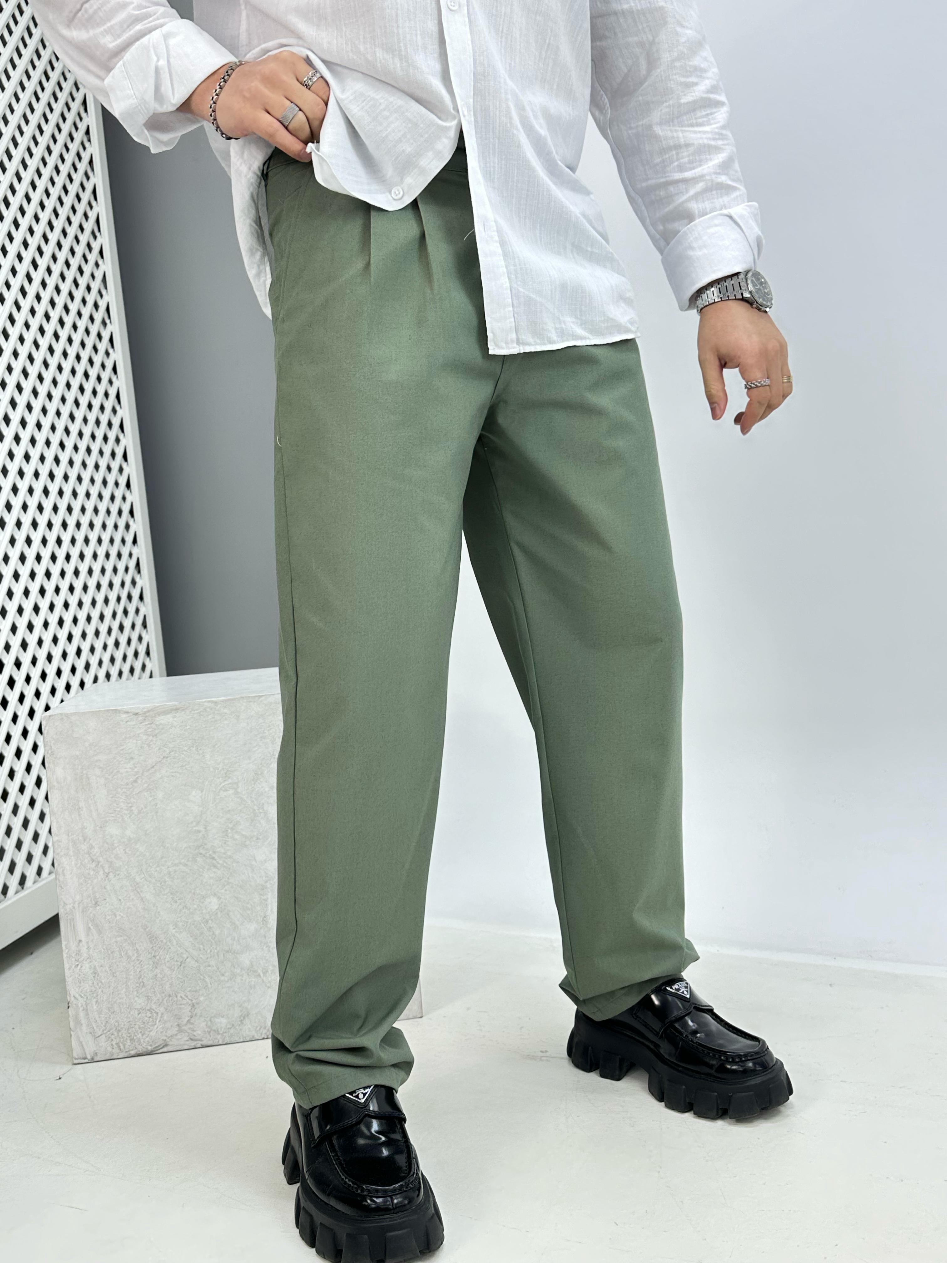 Pileli Keten Baggy Pantolon Yeşil
