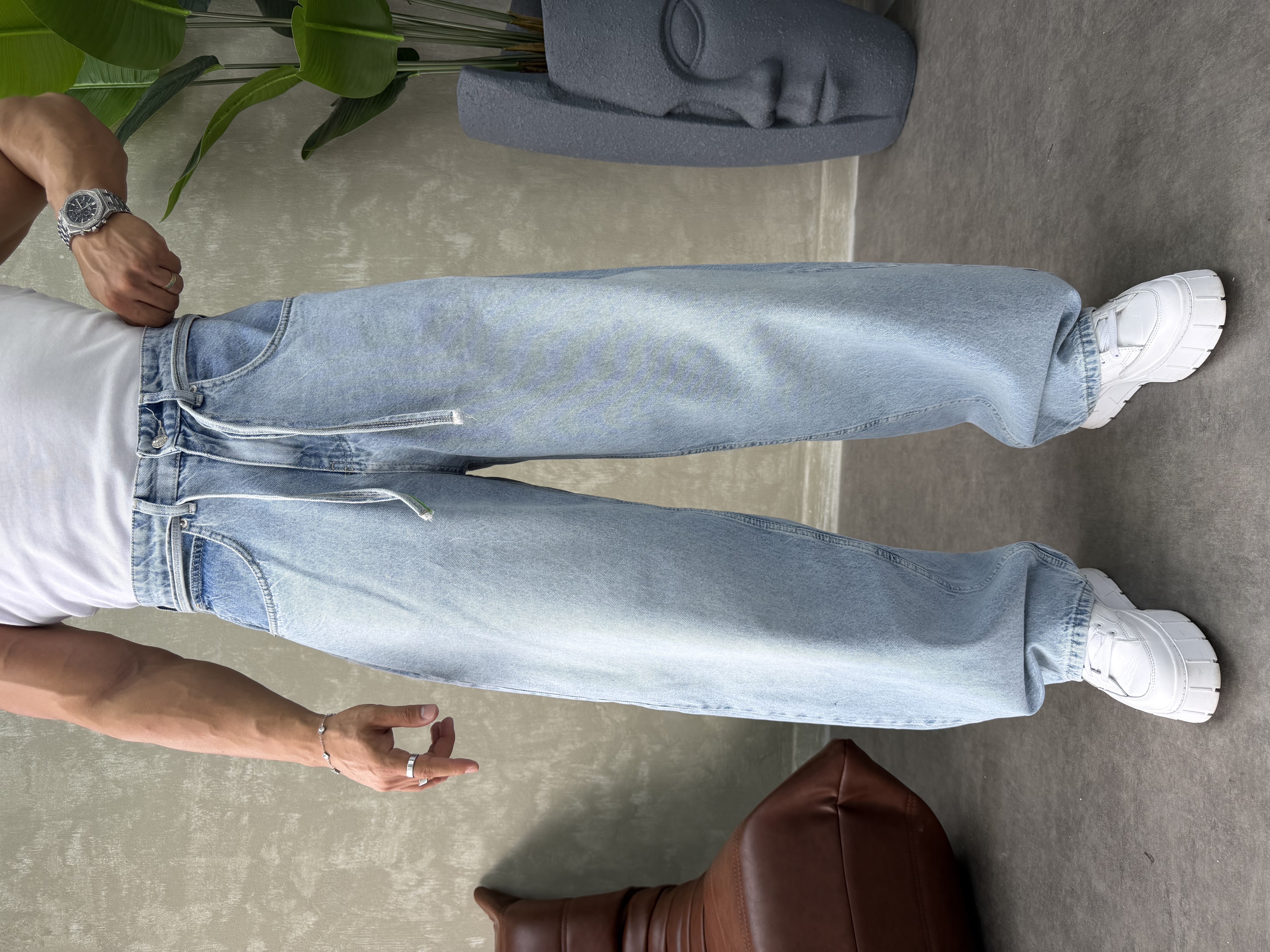 PREMIUM İP DETALI  BALON JEAN BUZ MAVİSİ