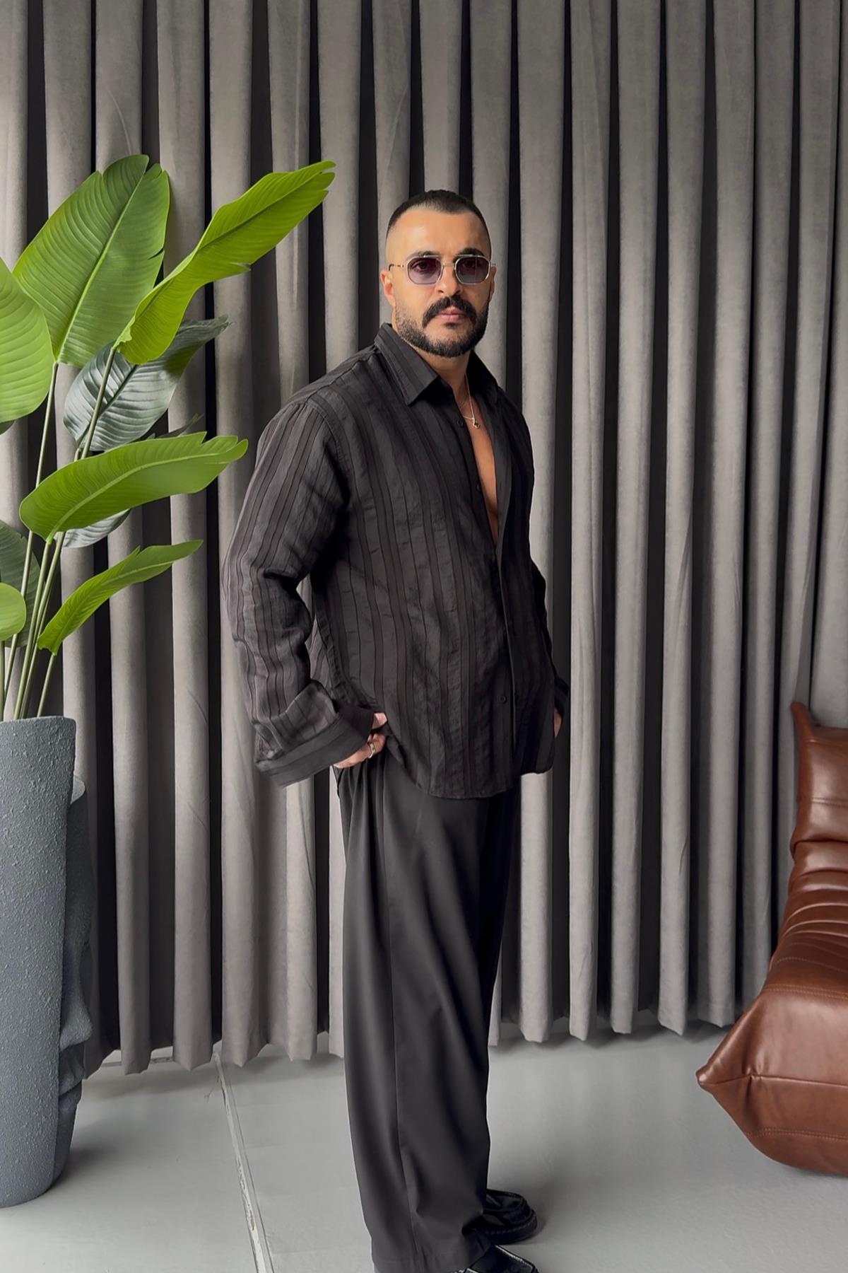 PREMİUM KENDİNDEN DESENLİ OVERSİZE GÖMLEK SİYAH