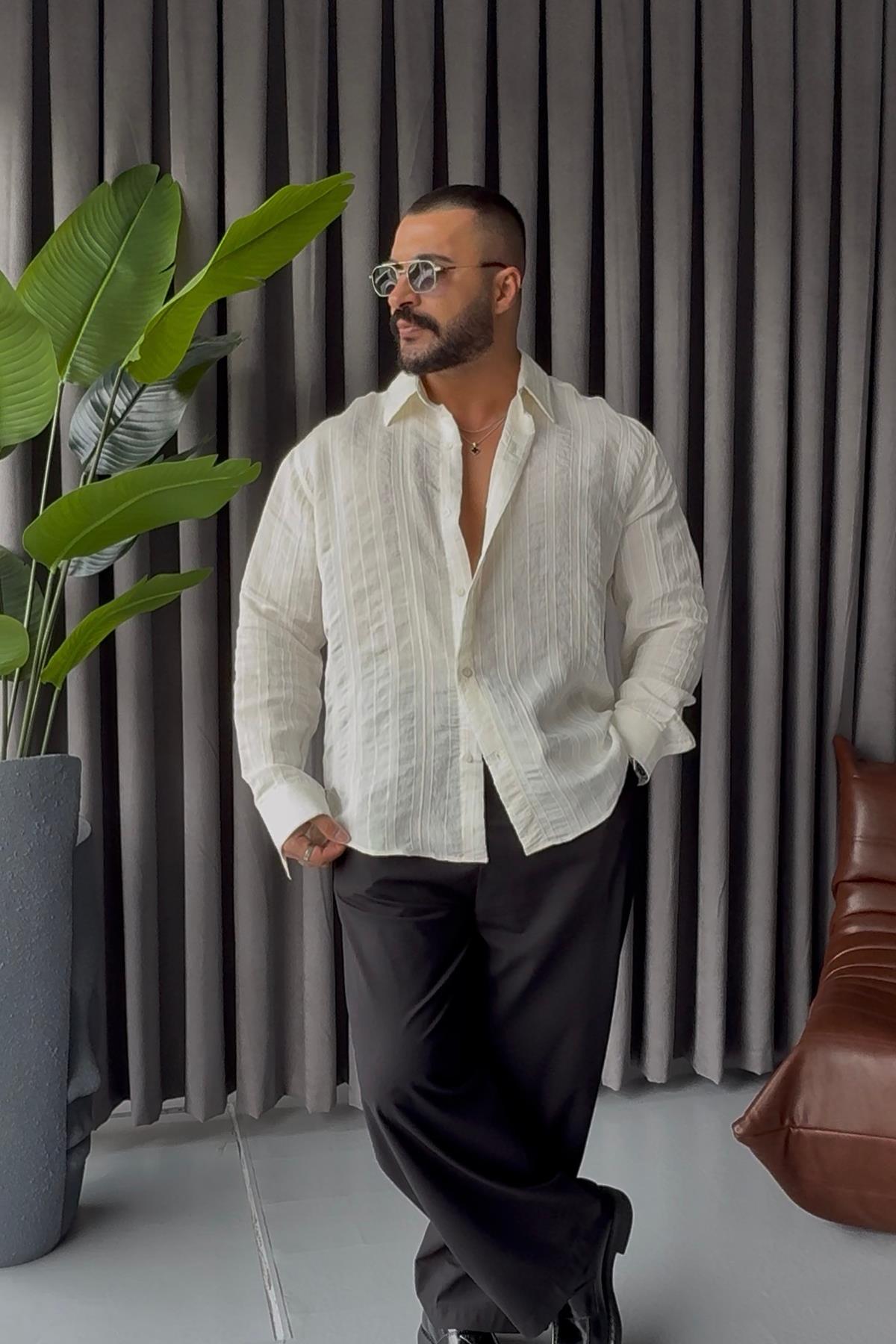 PREMİUM KENDİNDEN DESENLİ OVERSİZE GÖMLEK BEYAZ