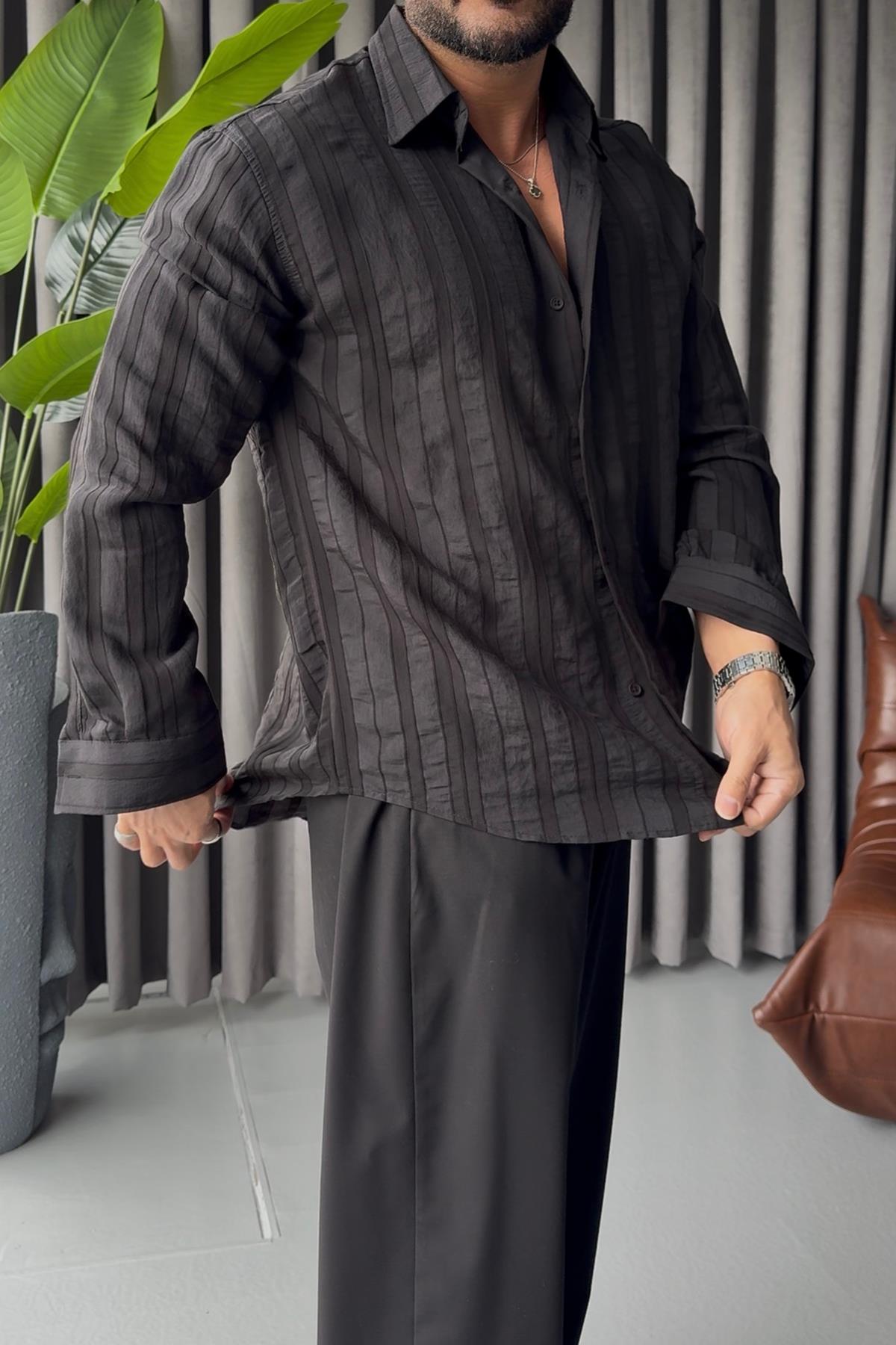 PREMİUM KENDİNDEN DESENLİ OVERSİZE GÖMLEK SİYAH