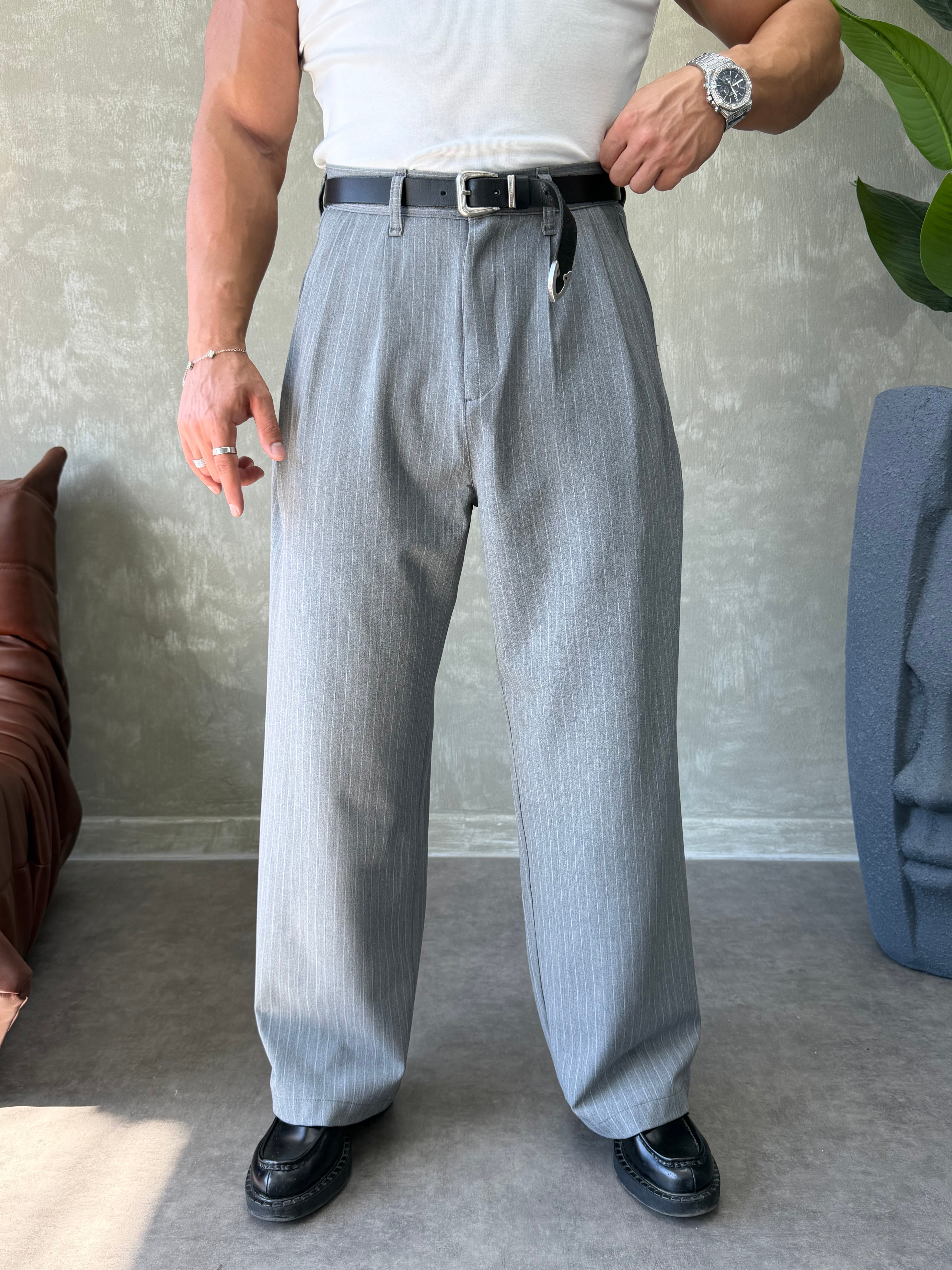 PREMİUM KUMAŞ ÇİFT PİLE ÇİZGİLİ PANTOLON GRİ