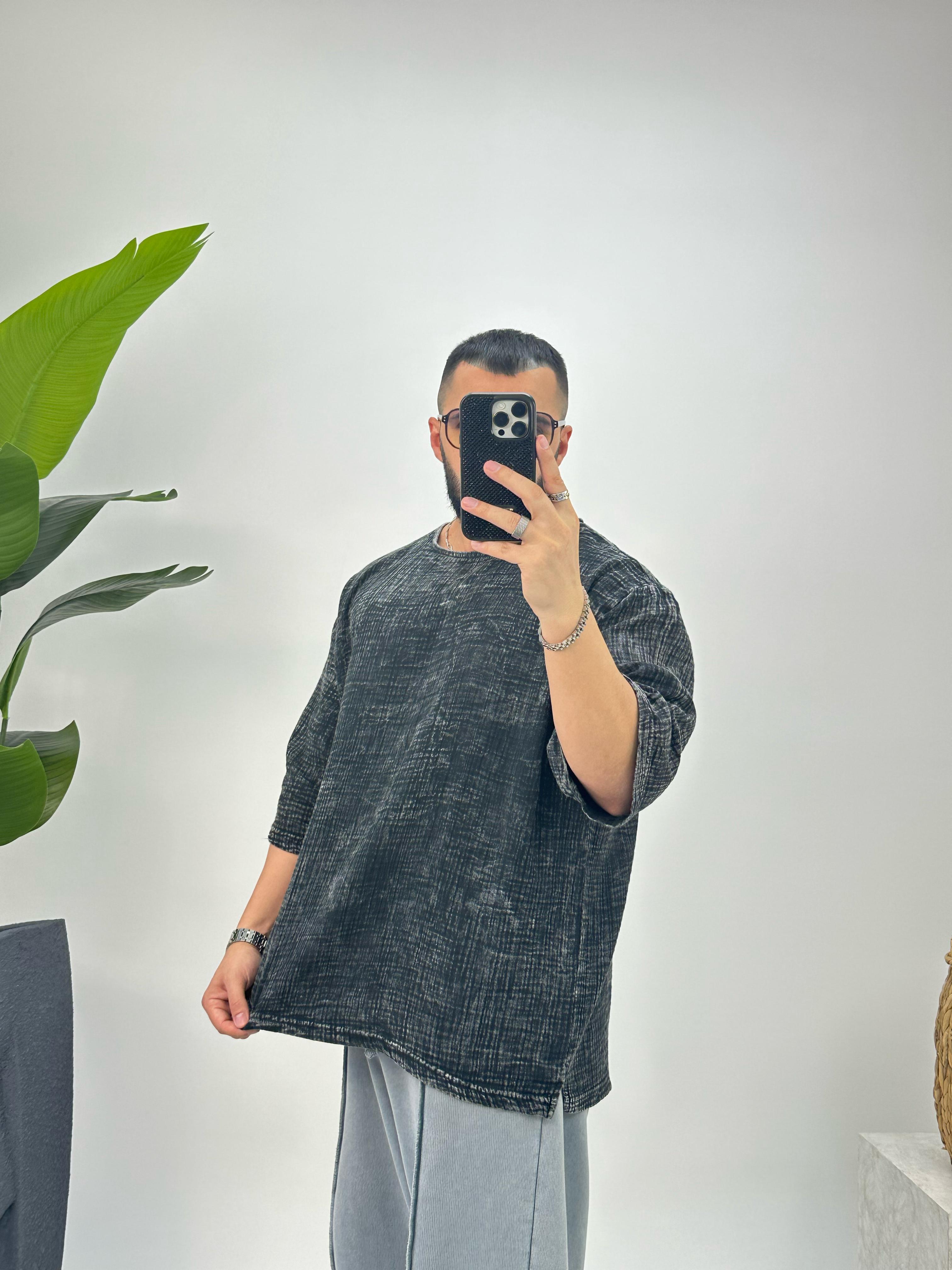 Premium Kumaş Fakir Kol T-Shirt Füme