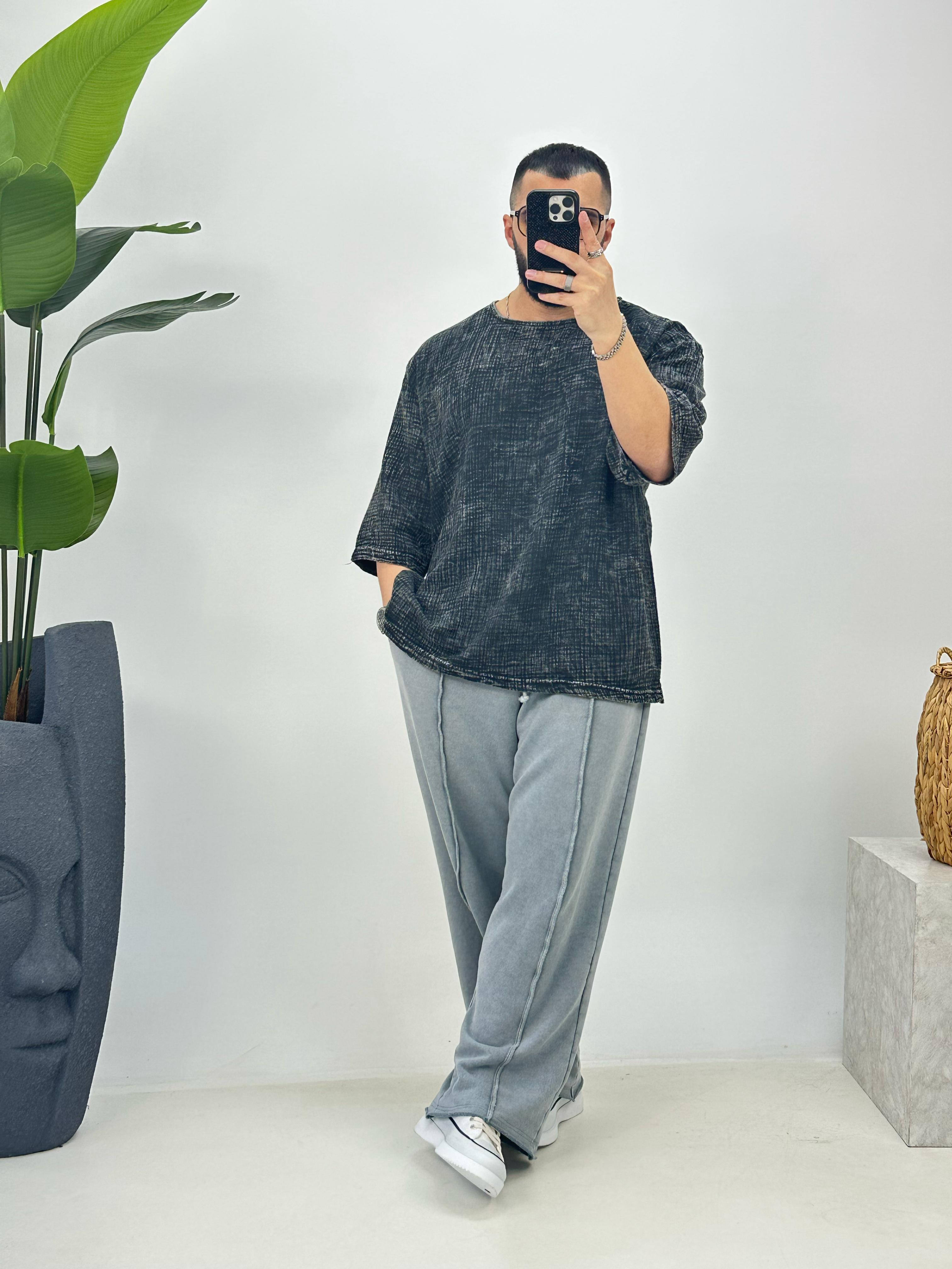 Premium Kumaş Fakir Kol T-Shirt Füme