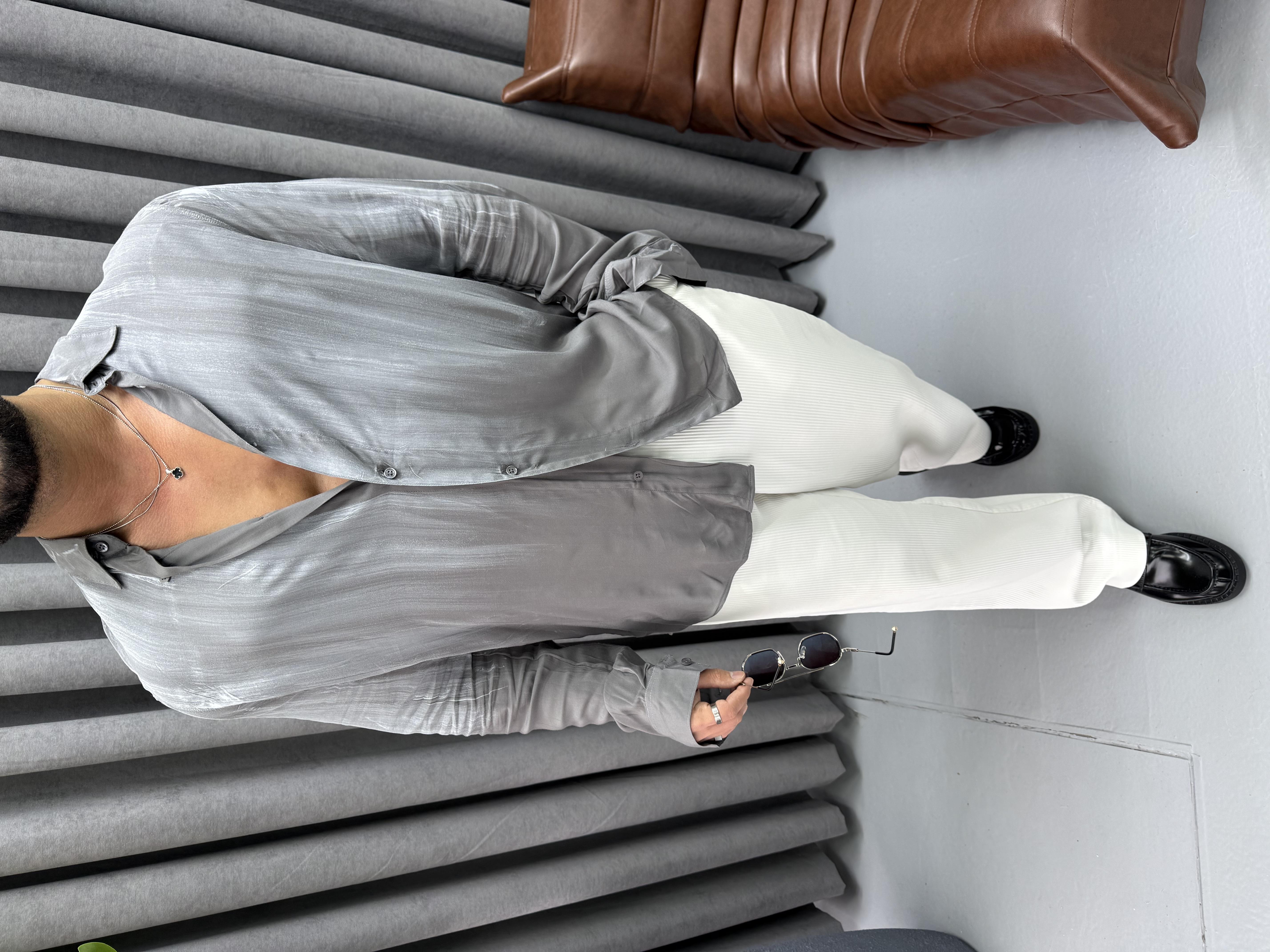 PREMİUM KUMAŞ OVERSİZE YIKAMALI GÖMLEK GRİ