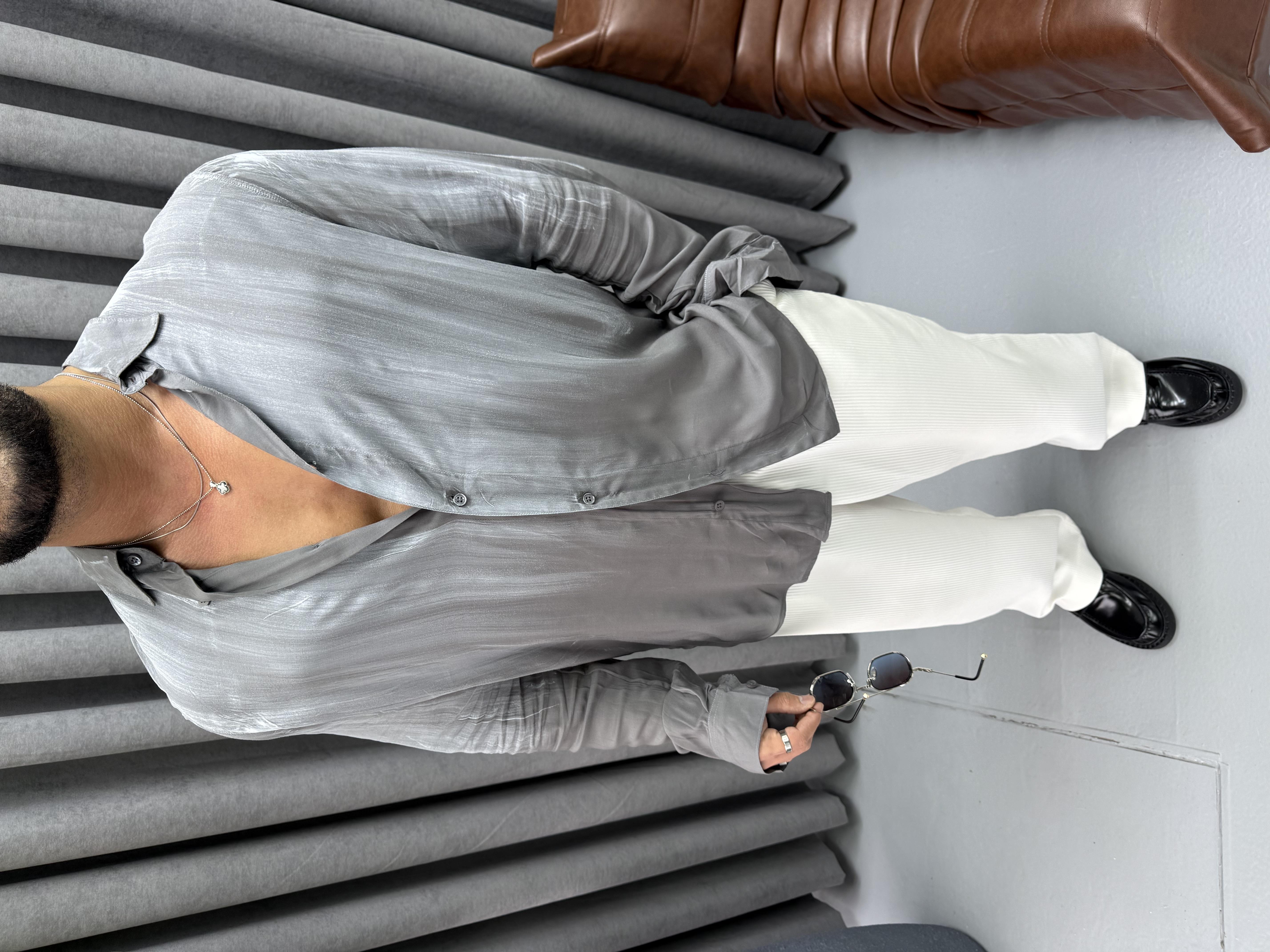 PREMİUM KUMAŞ OVERSİZE YIKAMALI GÖMLEK GRİ