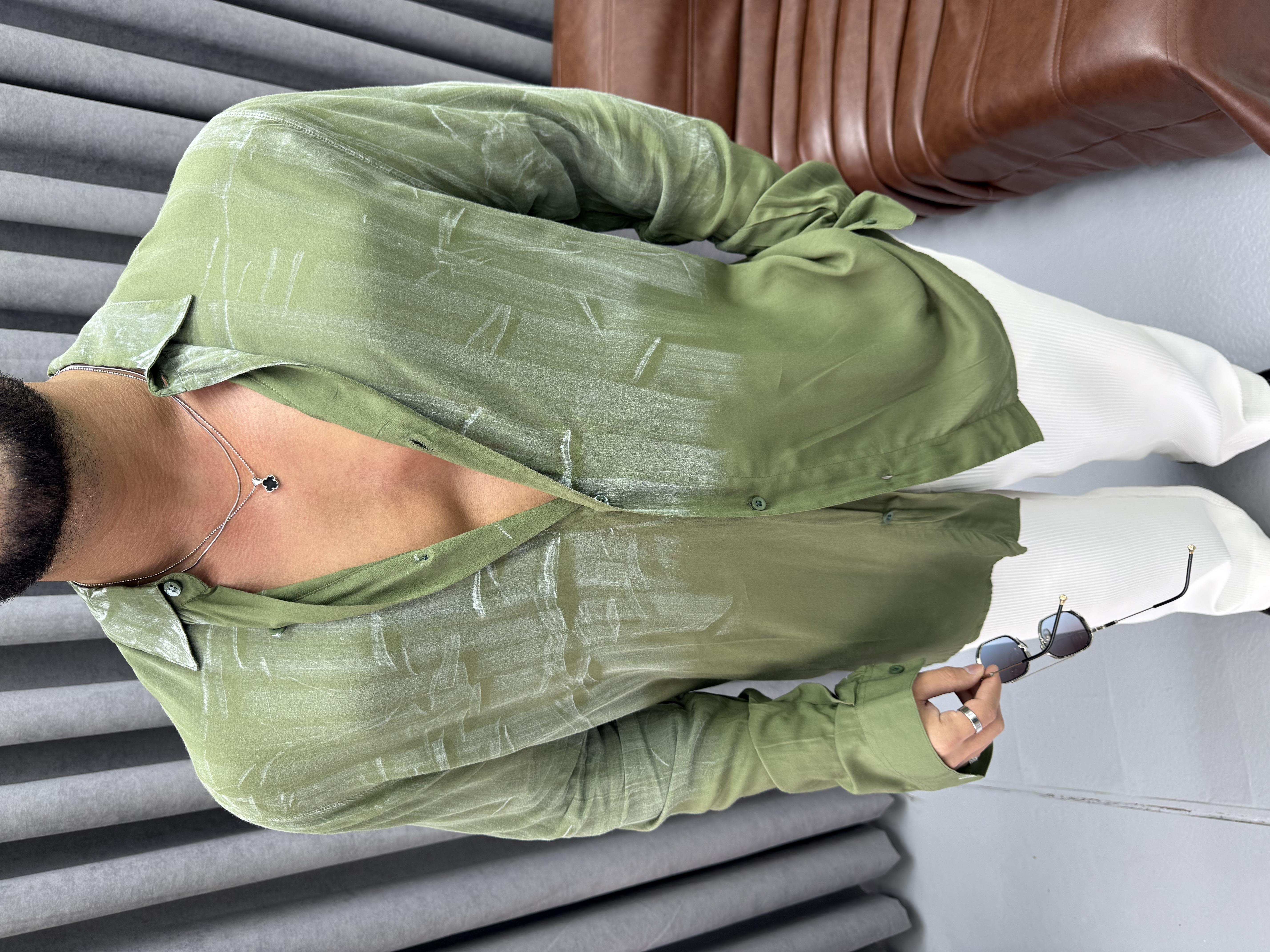 PREMİUM KUMAŞ OVERSİZE YIKAMALI GÖMLEK YEŞİL