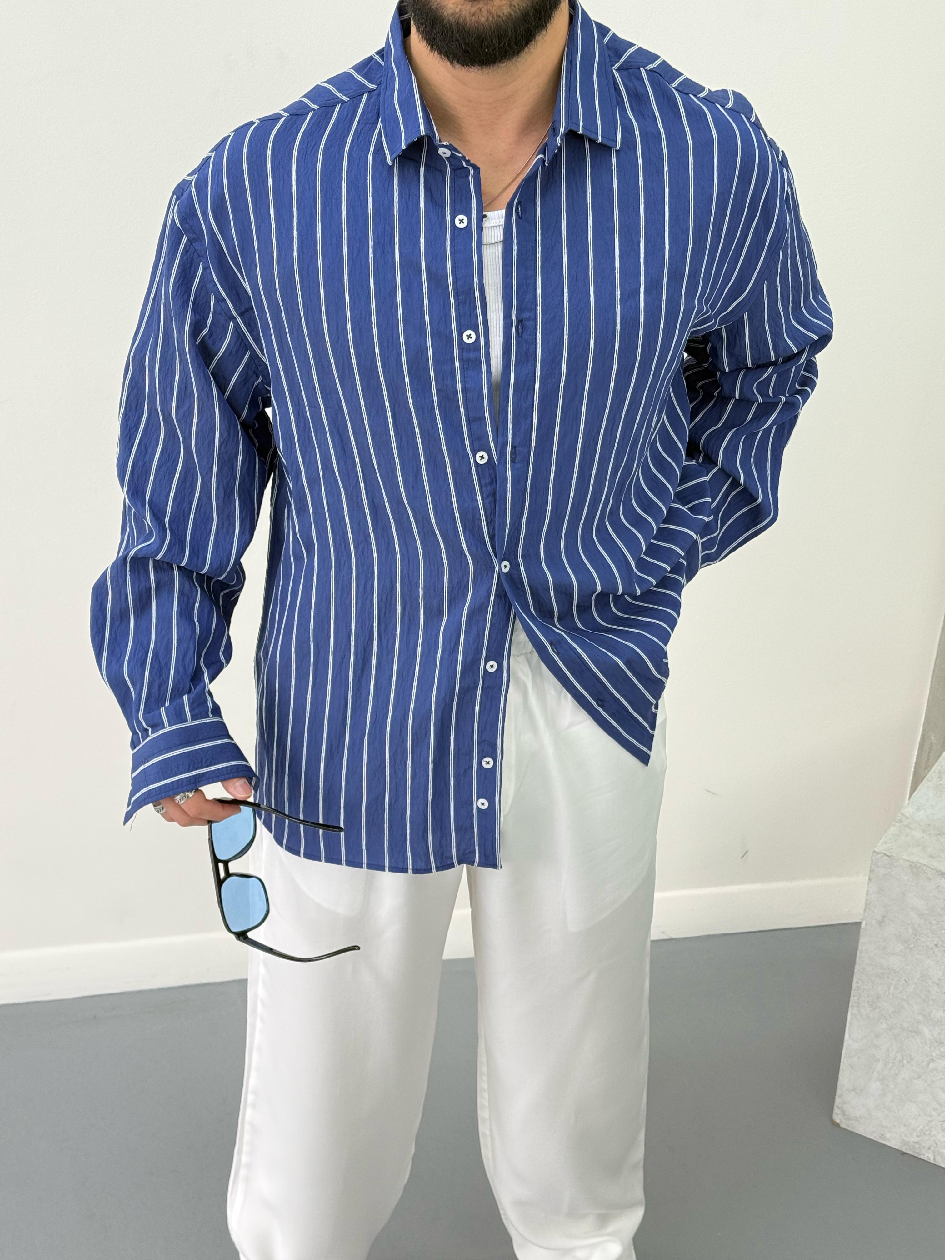 Premium Oversize Çizgili Gömlek Lacivert