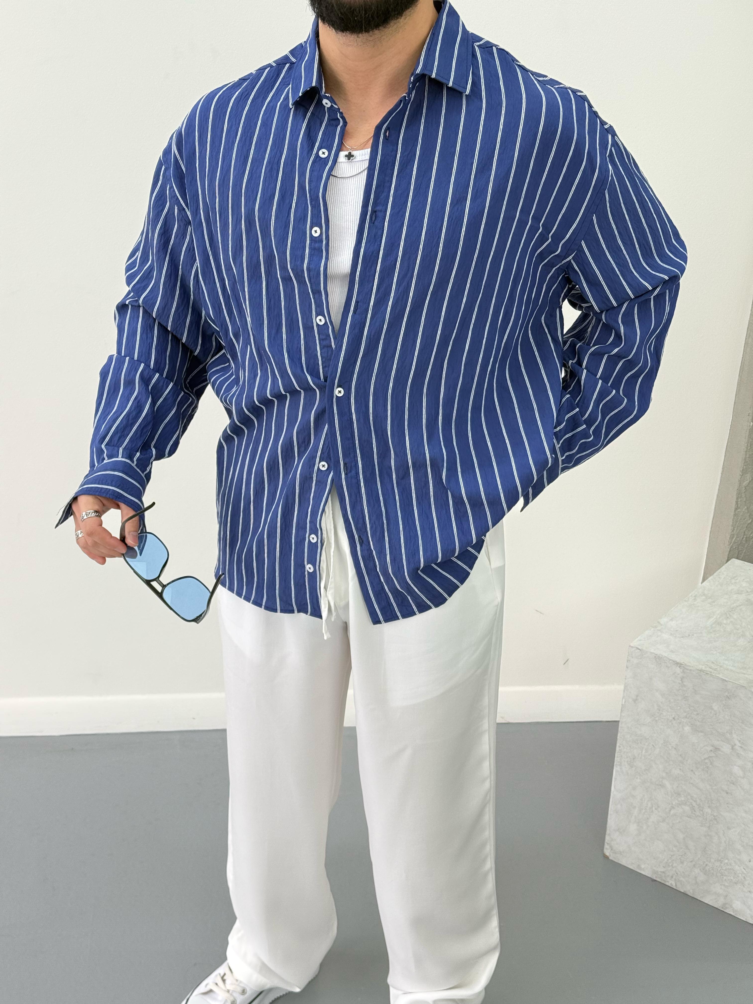 Premium Oversize Çizgili Gömlek Lacivert