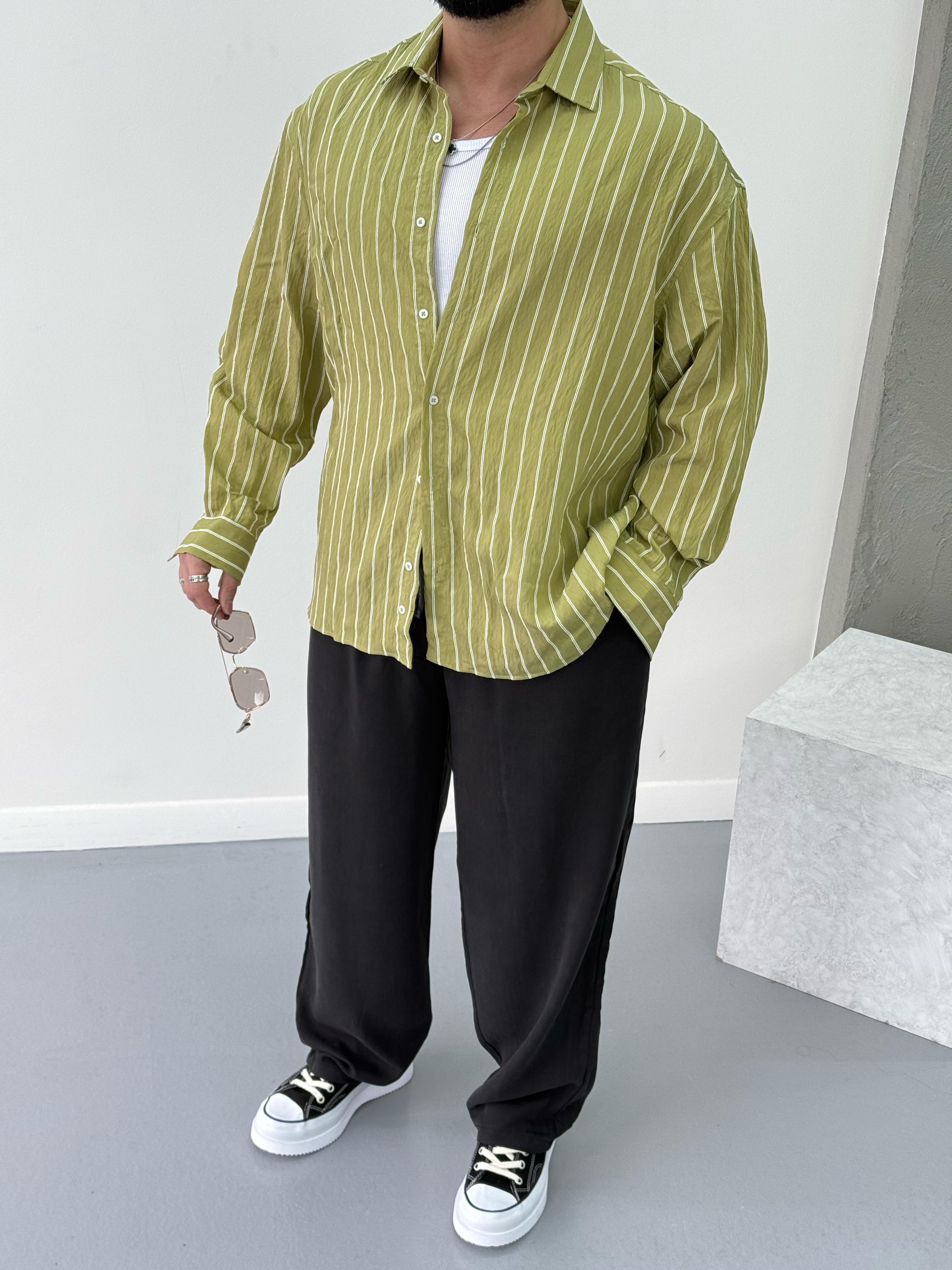 Premium Oversize Çizgili Gömlek Yeşil