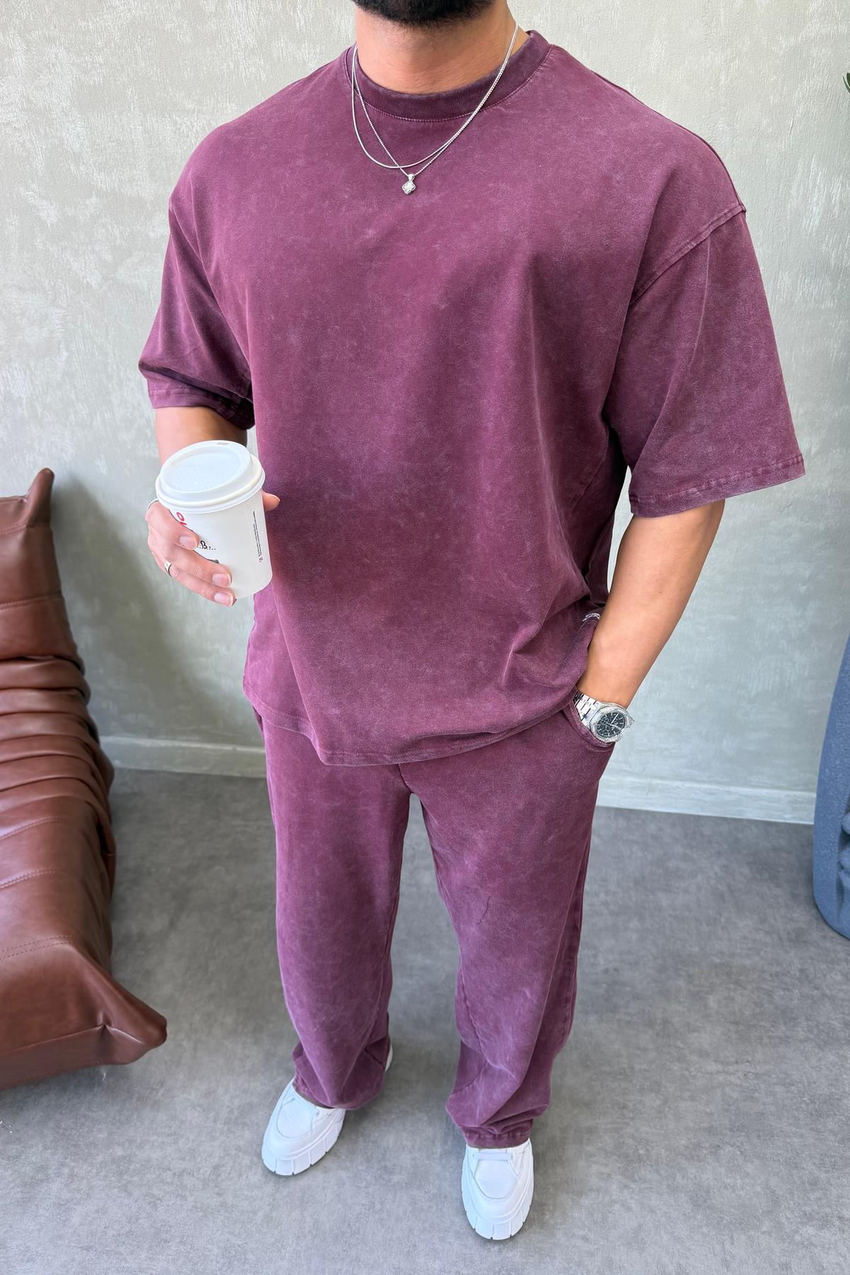 PREMİUM OVERSİZE YIKAMALI TAKIM BORDO