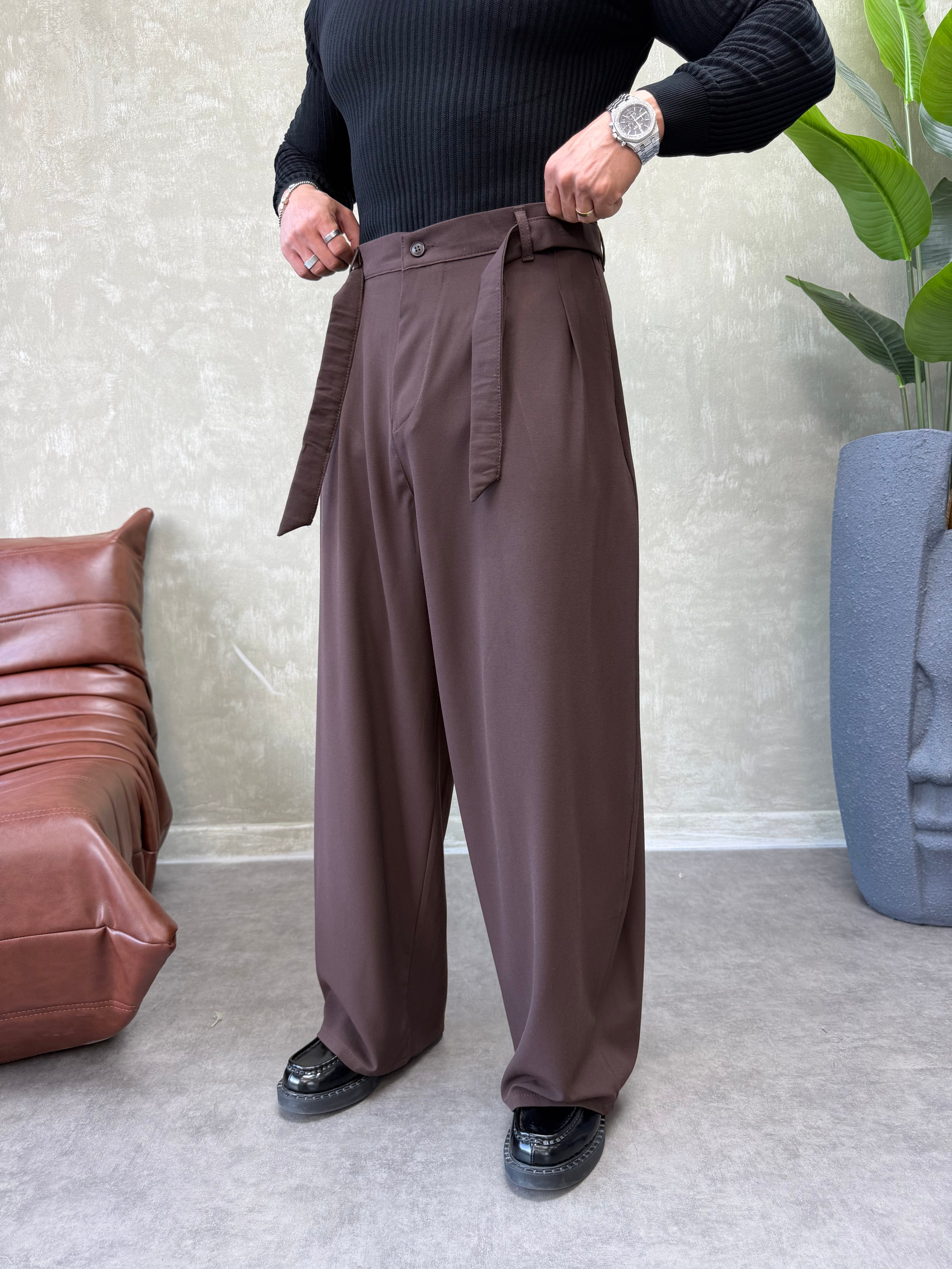 PREMIUM SERİ KEMER DETAYLI KORE KESİM PANTOLON KAHVERENGİ 