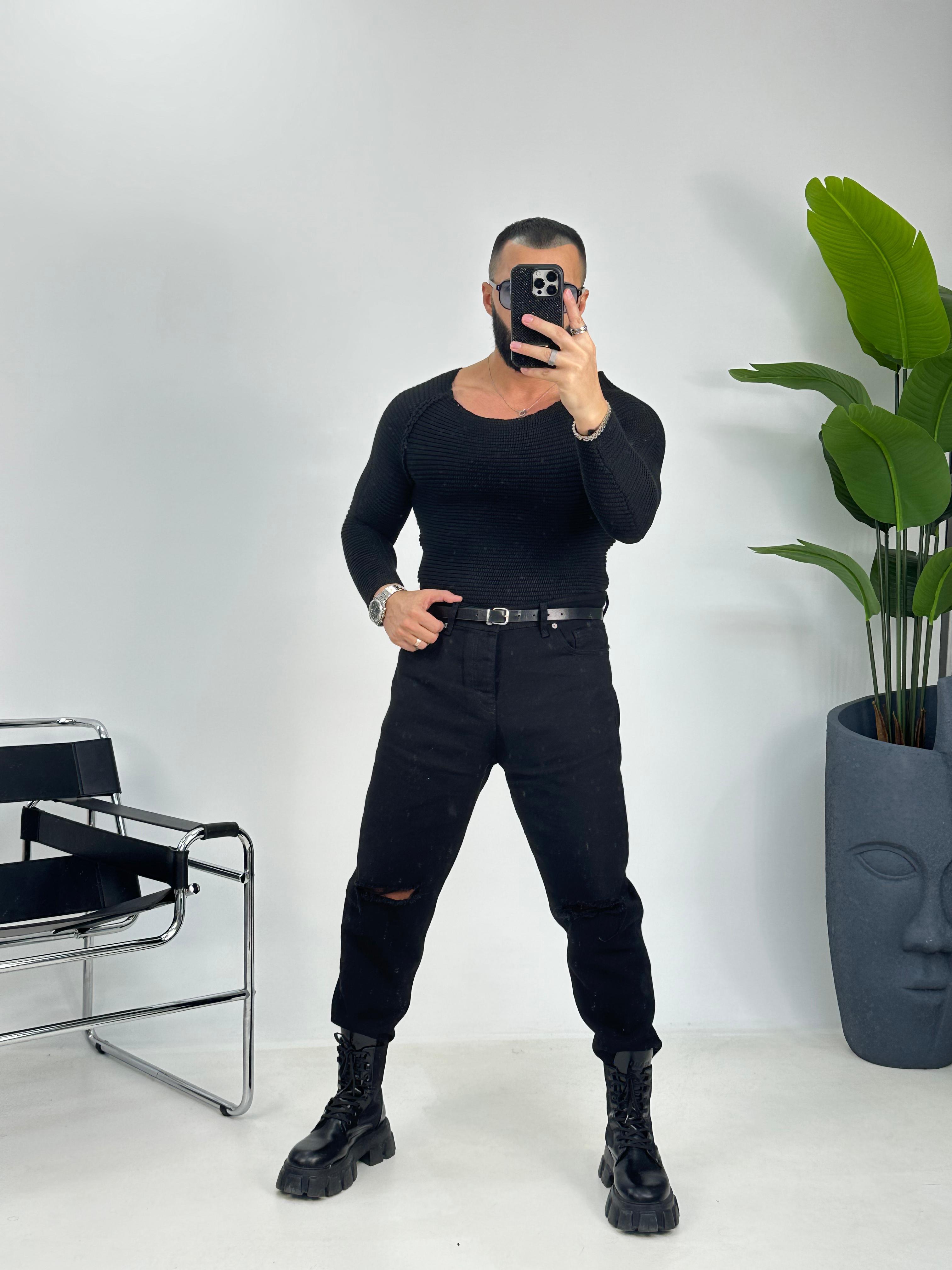 Siyah Slimfit Örme Kazak