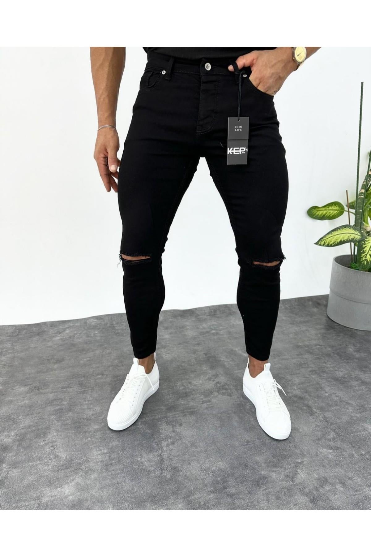 SKİNNY FİT DİZİ YIRTIK JEAN SİYAH