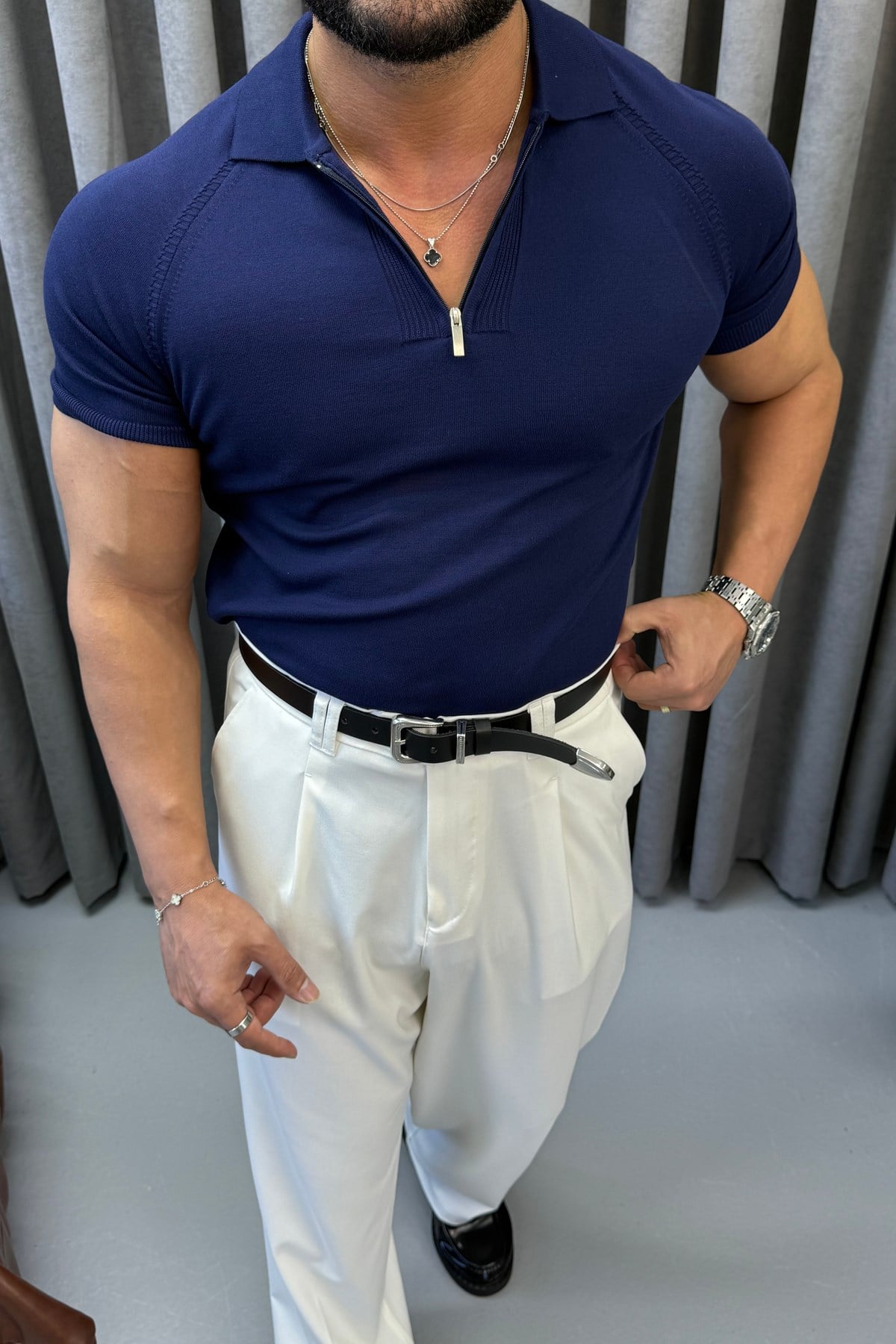 SLİMFİT REGLAN KOL FERMUARLI POLO YAKA LACİVERT