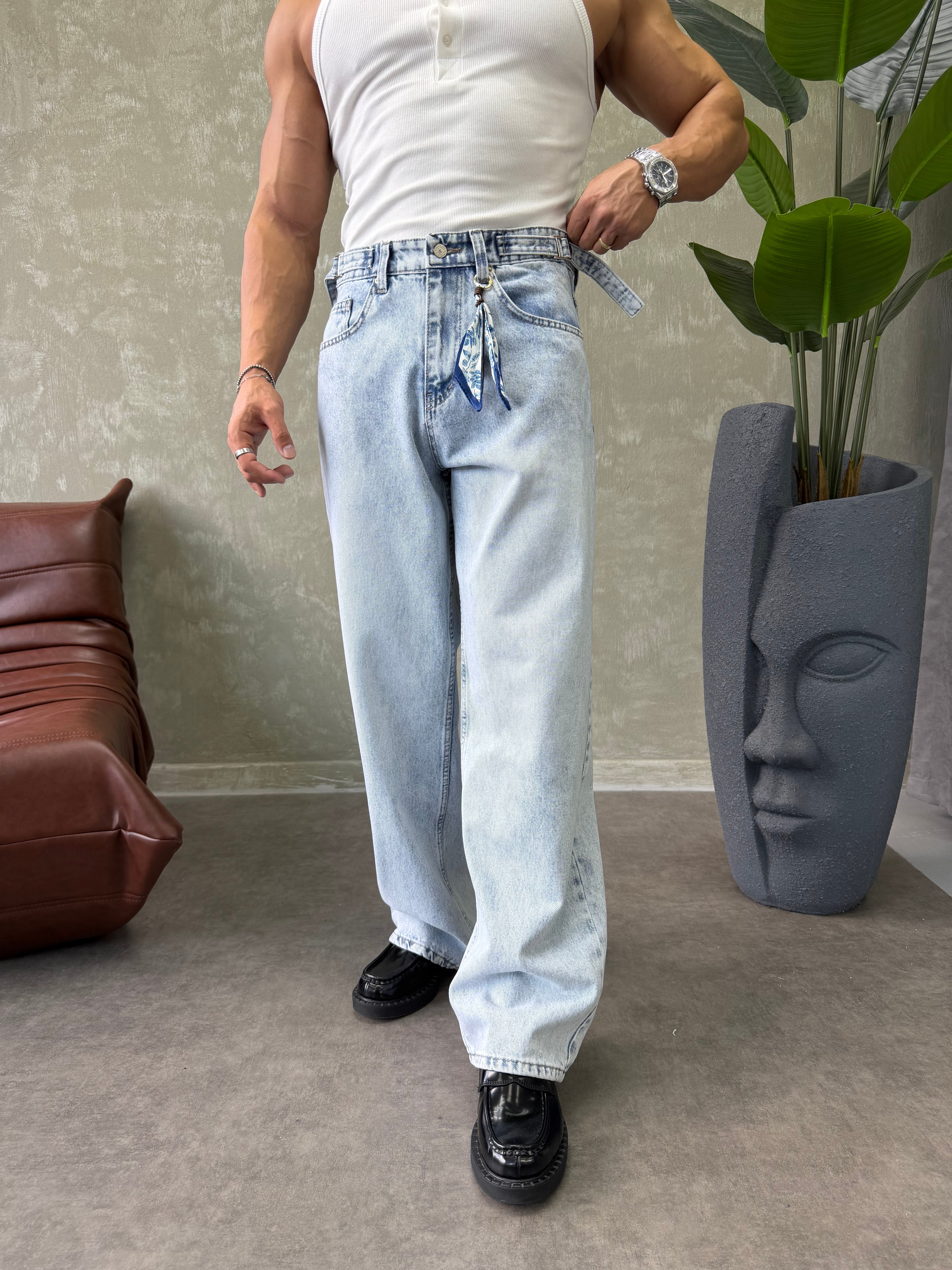 TASARIM KEMER DETAYLI BAGGY JEAN BUZ MAVİSİ 