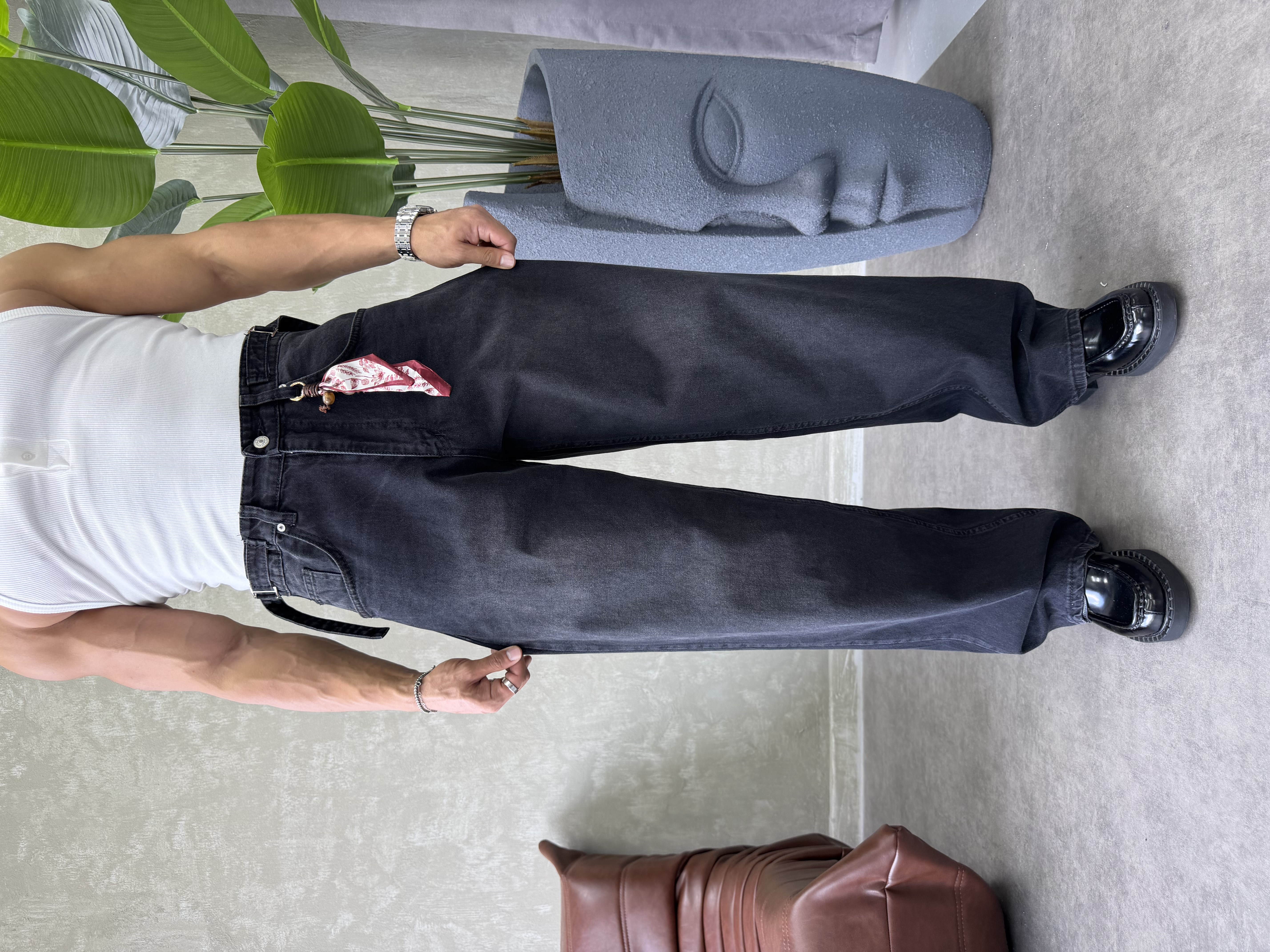 TASARIM KEMER DETAYLI BAGGY JEAN SİYAH