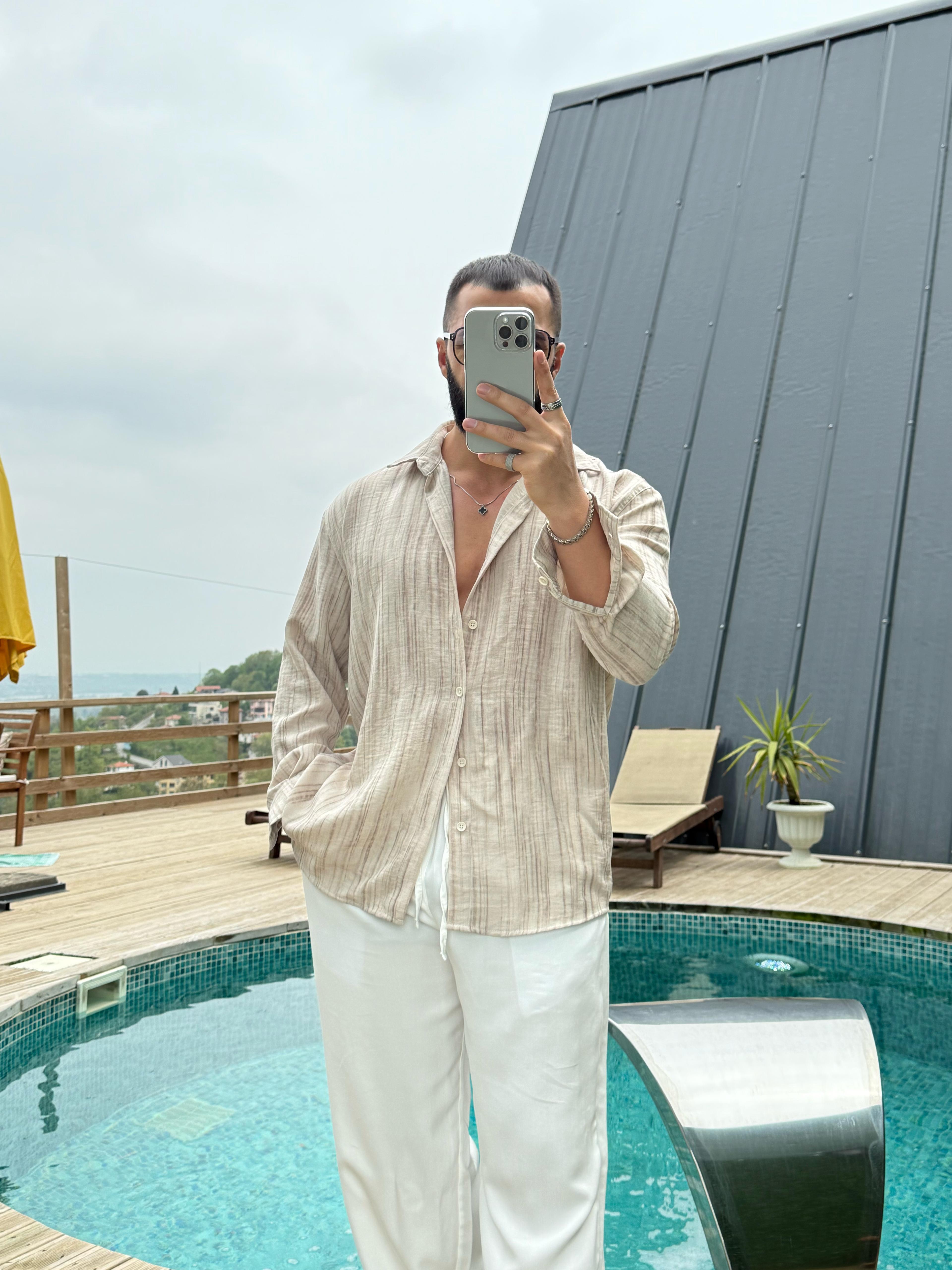 Yıkamalı Oversize Keten Gömlek Krem