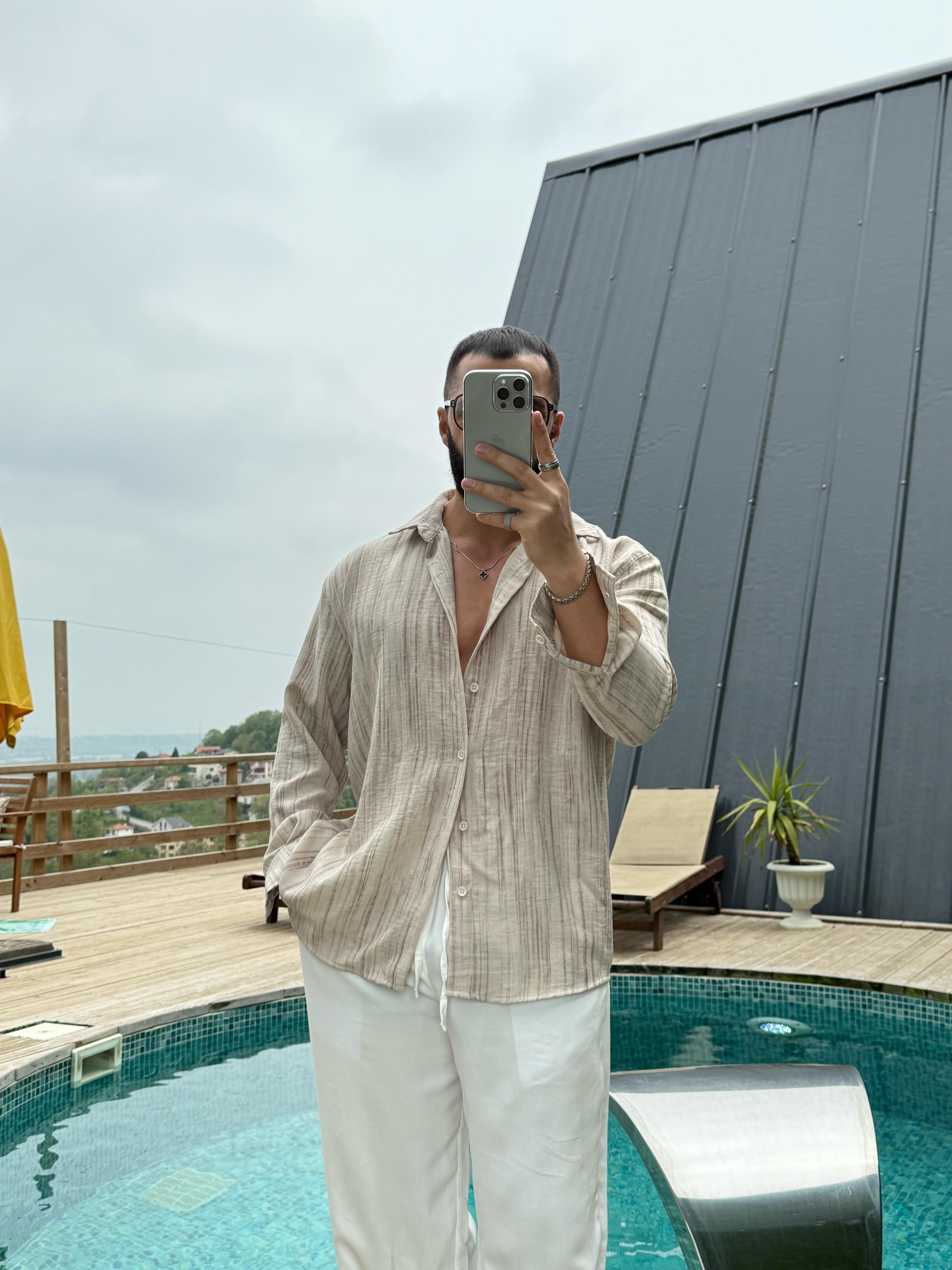 Yıkamalı Oversize Keten Gömlek Krem