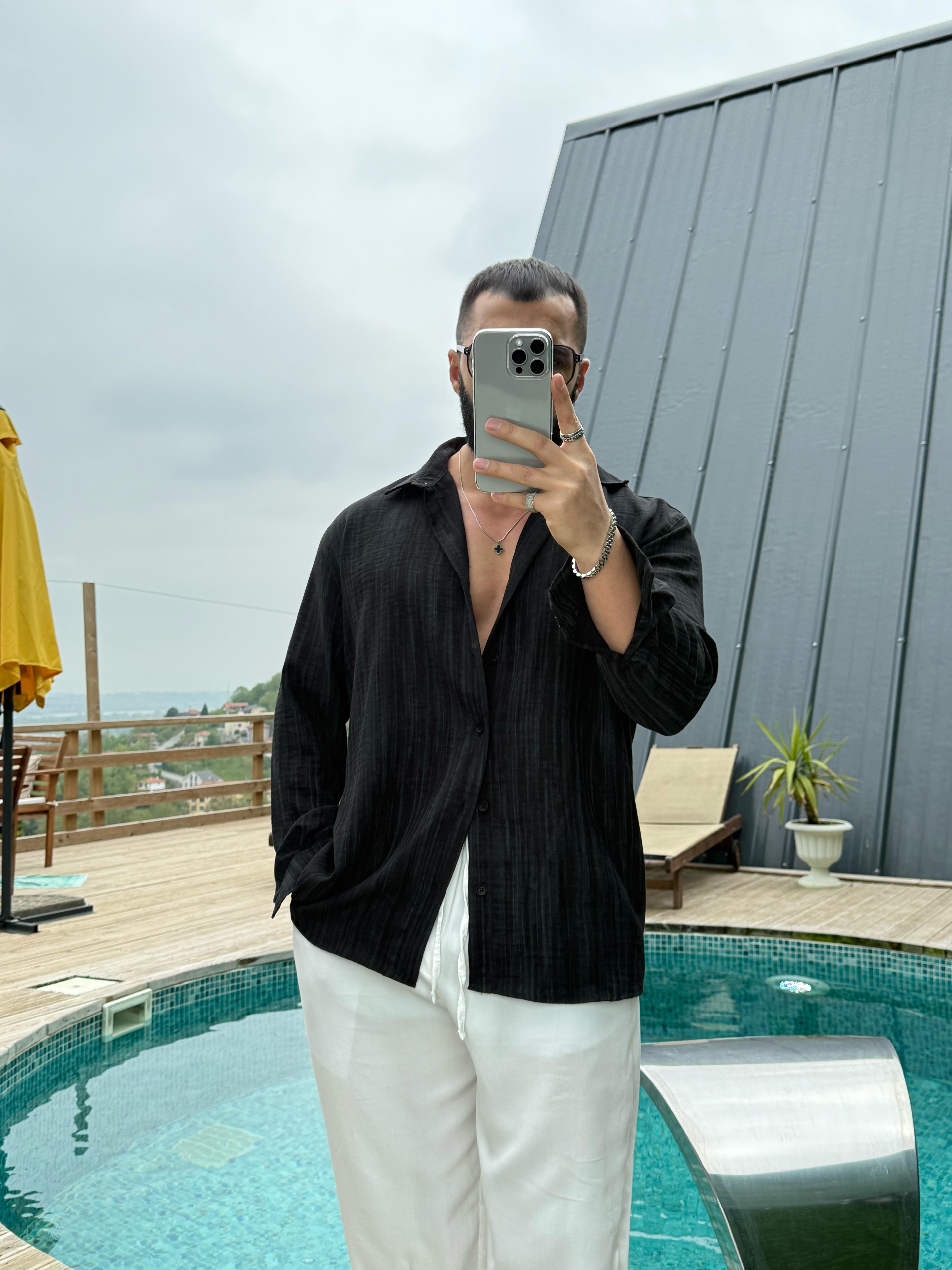 Yıkamalı Oversize Keten Gömlek Siyah