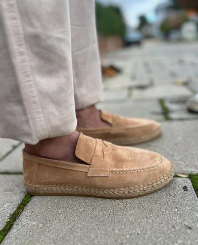 %100 İç Dış Deri Espadrilles Ayakkabı Bej