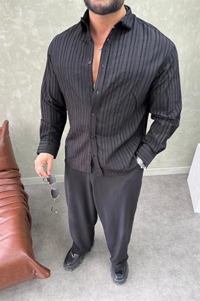 ARMUR ÇİZGİLİ OVERSİZE GÖMLEK SİYAH