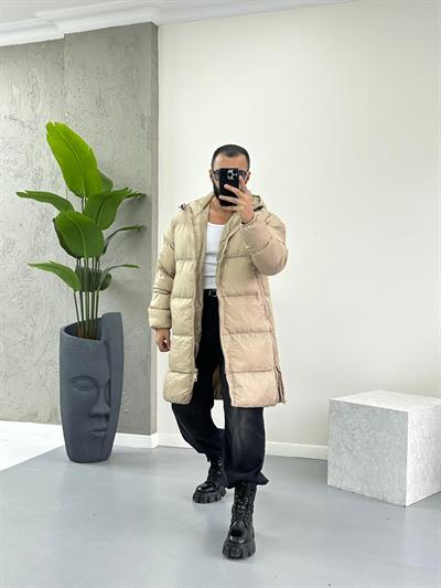 Bej Fermuar Detaylı Şişme Uzun Mont