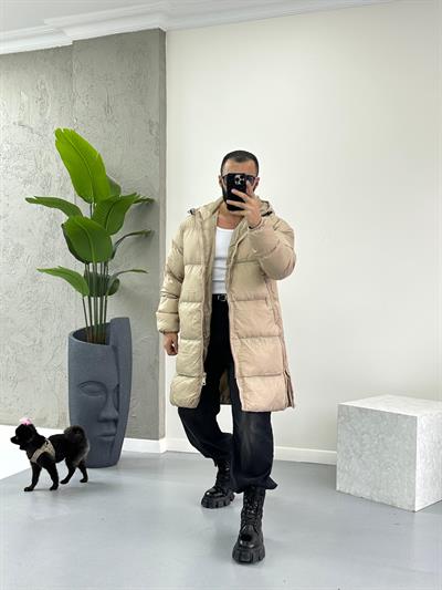 Bej Fermuar Detaylı Şişme Uzun Mont