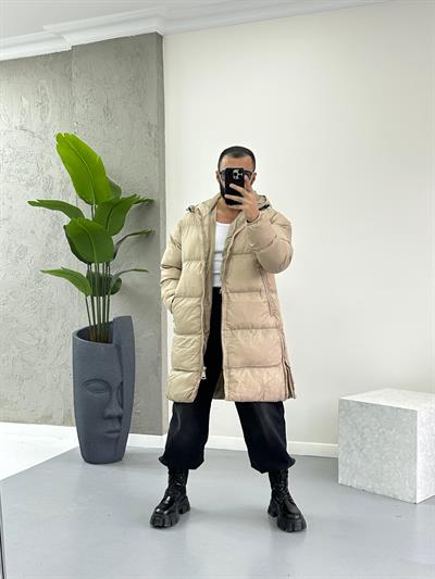 Bej Fermuar Detaylı Şişme Uzun Mont