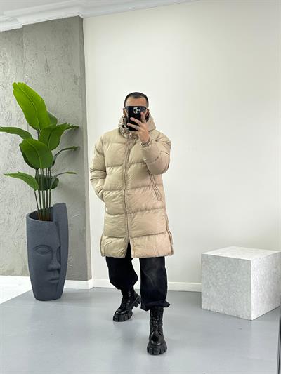 Bej Fermuar Detaylı Şişme Uzun Mont