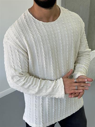Beyaz Oversize Örme Triko Kazak
