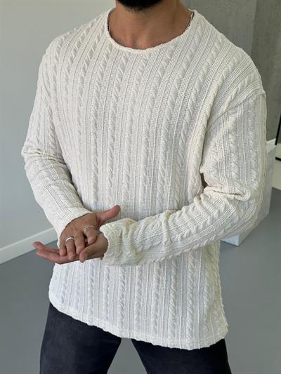 Beyaz Oversize Örme Triko Kazak