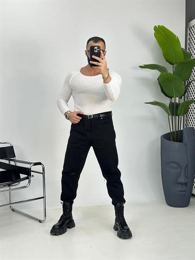 Beyaz Slimfit Örme Kazak