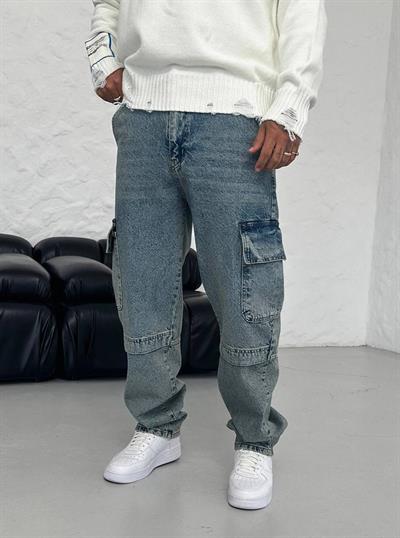 Buz Mavisi Baggy Kargo Cep Jeans