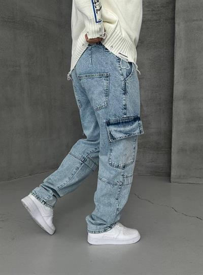 Buz Mavisi Baggy Kargo Cep Jeans