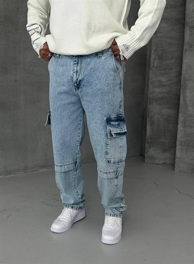 Buz Mavisi Baggy Kargo Cep Jeans