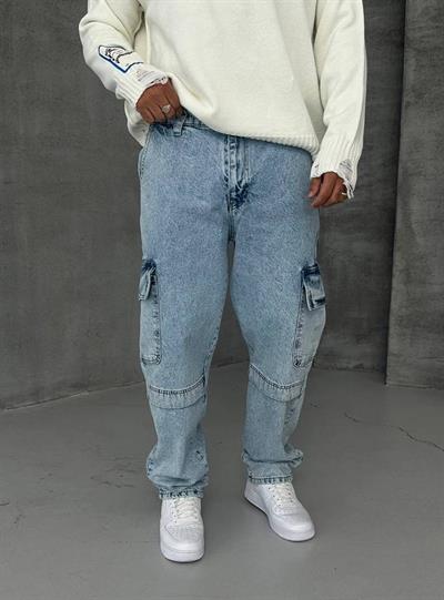 Buz Mavisi Baggy Kargo Cep Jeans
