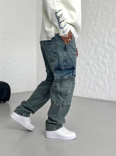 Buz Mavisi Baggy Kargo Cep Jeans
