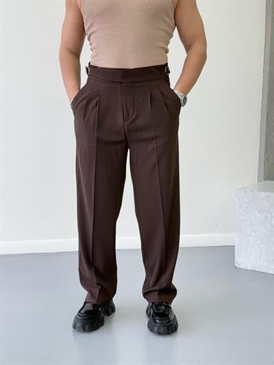 Çift Tokalı Baggy Kumaş Pantolon Kahverengi